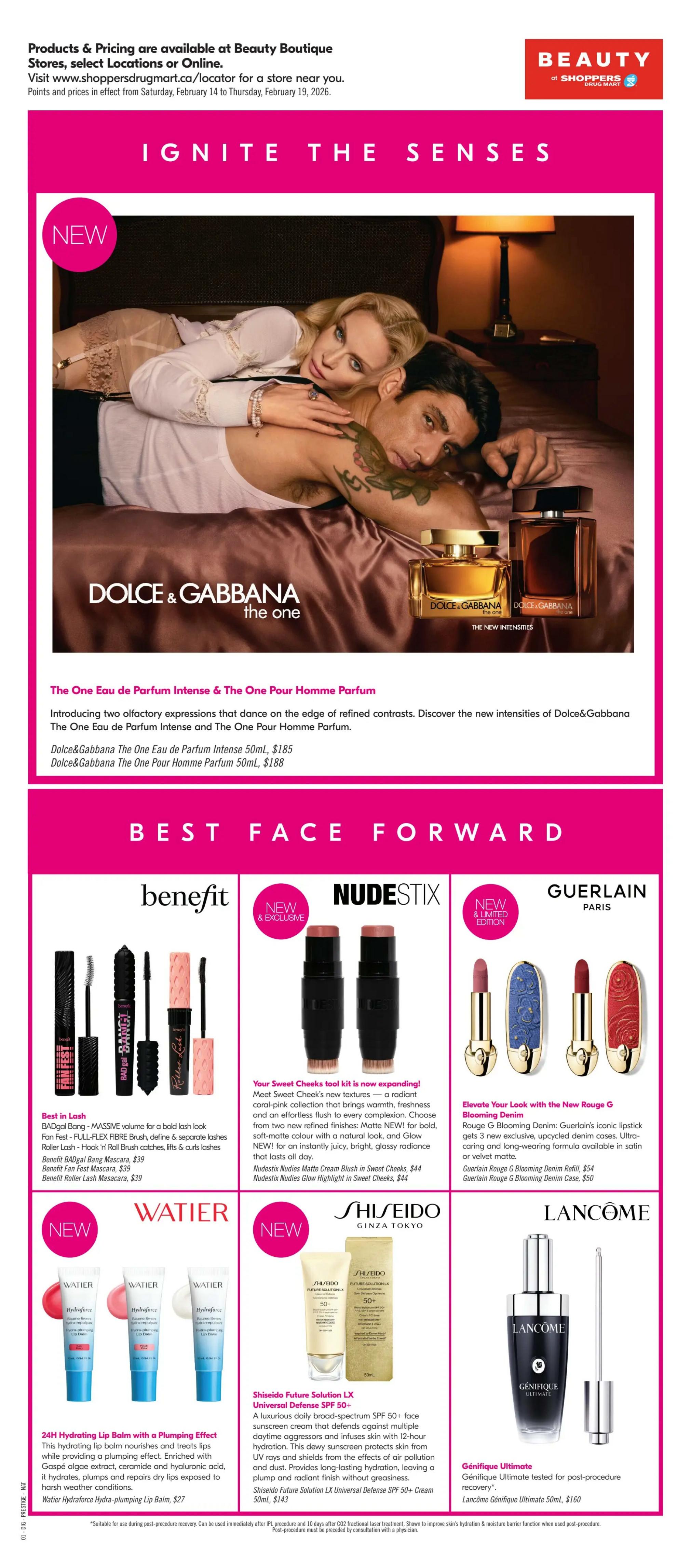 Shoppers Drug Mart Atlantic flyer page featuring beauty products. The page highlights Dolce & Gabbana The One Eau de Parfum Intense and The One Pour Homme Parfum for $185 and $188 respectively. It also showcases Benefit Cosmetics with BADgal Bang Mascara, Fan Fest Mascara, and Roller Lash Mascara, all priced at $39. Nudestix offers Matte Cream and Glow Highlight in Sweet Cheeks for $44 each. Guerlain Paris presents Rouge G Blooming Denim lipstick refills for $54 and cases for $50. Watier features their 24H Hydrating Lip Balm with a Plumping Effect for $27. Shiseido Ginza Tokyo offers Future Solution LX Universal Defense SPF 50+ Cream for $143. Lancôme Paris promotes Génifique Ultimate, tested for post-procedure recovery, for $160.