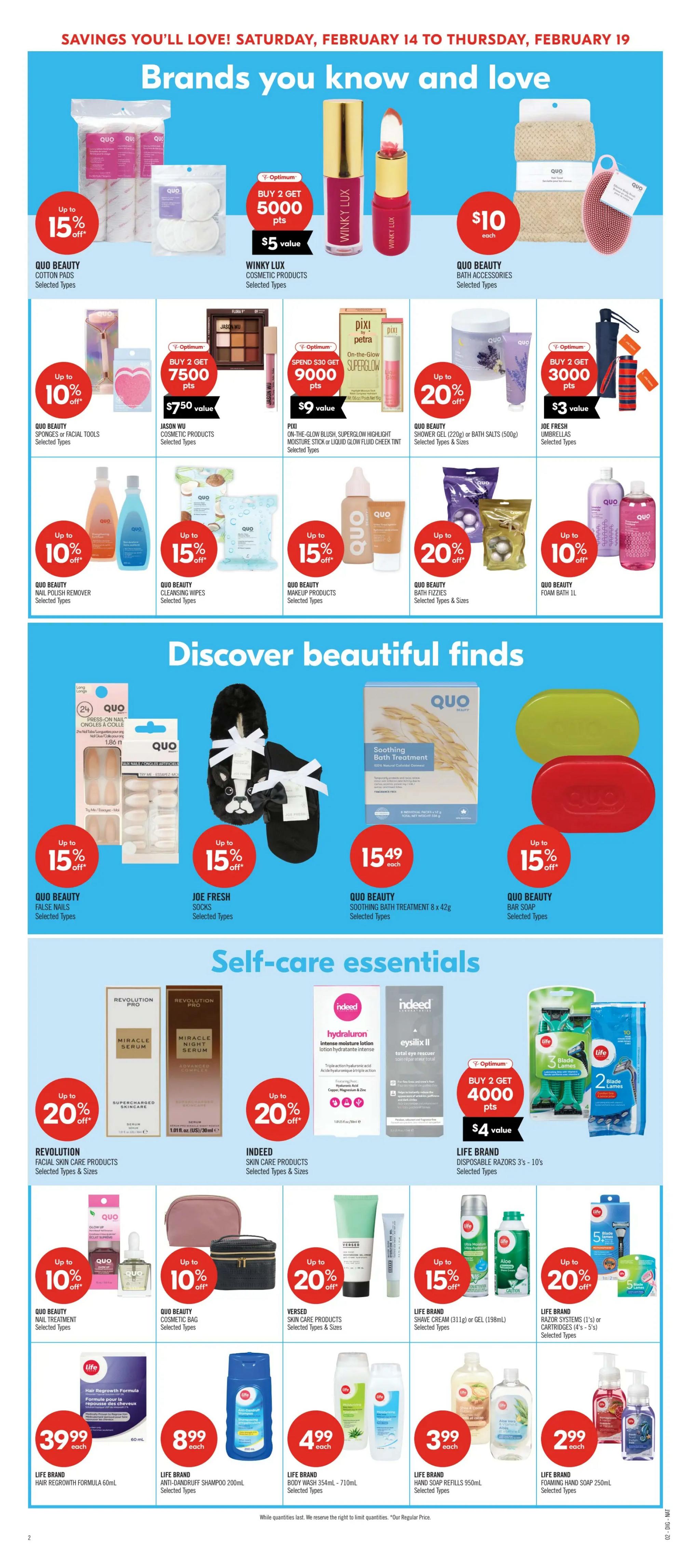 Shoppers Drug Mart Atlantic flyer page 20 features 'Brands you know and love' and 'Discover beautiful finds' sections. Offers include QUO Beauty Cotton Pads with up to 15% off, Winky Lux cosmetic products, QUO Beauty Bath Accessories for $10 each. Also, buy 2 get 5000 Optimum points ($5 value) on QUO Beauty items, buy 2 get 7500 Optimum points ($7.50 value) on Jason Wu cosmetic products, and spend $30 get 9000 Optimum points ($9 value) on Pixi On-The-Glow Superglow. QUO Beauty Shower Gel or Bath Salts are up to 20% off, and QUO Beauty Foam Bath 1L is up to 10% off. Discover self-care essentials with Revolution Facial Skin Care Products and Indeed Skin Care Products, both up to 20% off. QUO Beauty False Nails are up to 15% off, and Joe Fresh Socks are up to 15% off. QUO Beauty Soothing Bath Treatment 8 x 42g is $15.49 each, and QUO Beauty Bar Soap is up to 15% off. Life Brand Disposable Razors (3's - 10's) offer buy 2 get 4000 Optimum points ($4 value). Life Brand Hair Regrowth Formula 60mL is $39.99 each. Life Brand Anti-Dandruff Shampoo 200mL is $8.99 each. Life Brand Body Wash 354mL - 710mL is $4.99 each. Life Brand Hand Soap Refills 950mL are $3.99 each, and Life Brand Foaming Hand Soap 250mL is $2.99 each. Versed Skin Care Products are up to 15% off. QUO Beauty Cosmetic Bags are up to 10% off.
