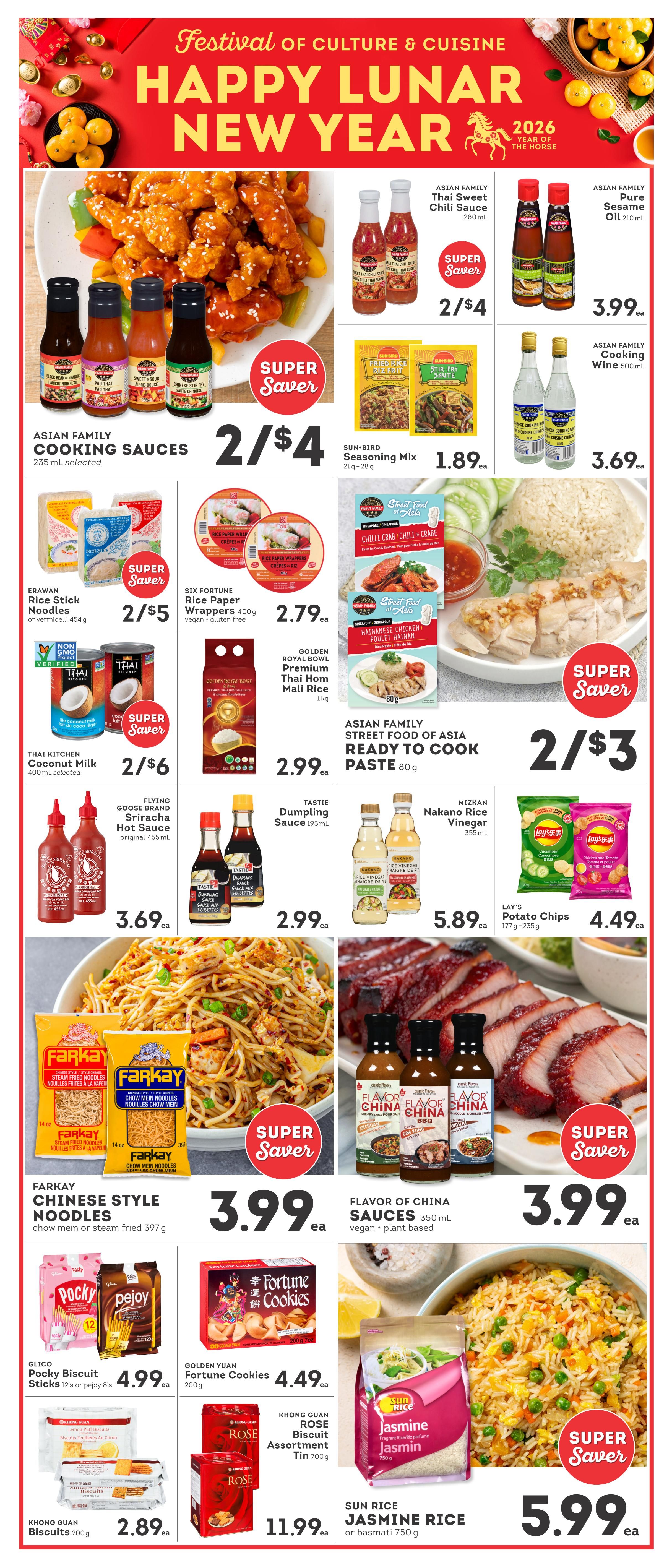 IGA British Columbia flyer page 3 features Lunar New Year specials. Highlights include Asian Family Cooking Sauces, 235 mL selected, for 2/$4; Asian Family Pure Sesame Oil, 210 mL, for $3.99; and Asian Family Thai Sweet Chili Sauce, 280 mL, for 2/$4. Also featured are Sun-Bird Seasoning Mix, 21g-28g, for $1.89; Asian Family Chinese Cooking Wine, 500 mL, for $3.69; and Erawan Rice Stick Noodles or vermicelli, 454g, for 2/$5. Six Fortune Rice Paper Wrappers, 400g, are $2.79. Thai Kitchen Coconut Milk, 400 mL selected, is 2/$6. Golden Royal Bowl Premium Thai Hom Mali Rice, 1kg, is $2.99. Asian Family Street Food of Asia Ready to Cook Paste, 80g, is 2/$3. Glico Pocky Biscuit Sticks (12's) or Pejoy (8's) are $4.99. Golden Yuan Fortune Cookies, 200g, are $4.49. Khong Guan Biscuits, 200g, are $2.89. Khong Guan Rose Biscuit Assortment Tin, 700g, is $11.99. Flavor of China Sauces, 350 mL, are $3.99. Lay's Potato Chips, 177g-235g, are $4.49. Sun Rice Jasmine Rice or Basmati Rice, 750g, is $5.99. The page also shows images of prepared dishes like sweet and sour chicken, stir-fry, and roasted meat.
