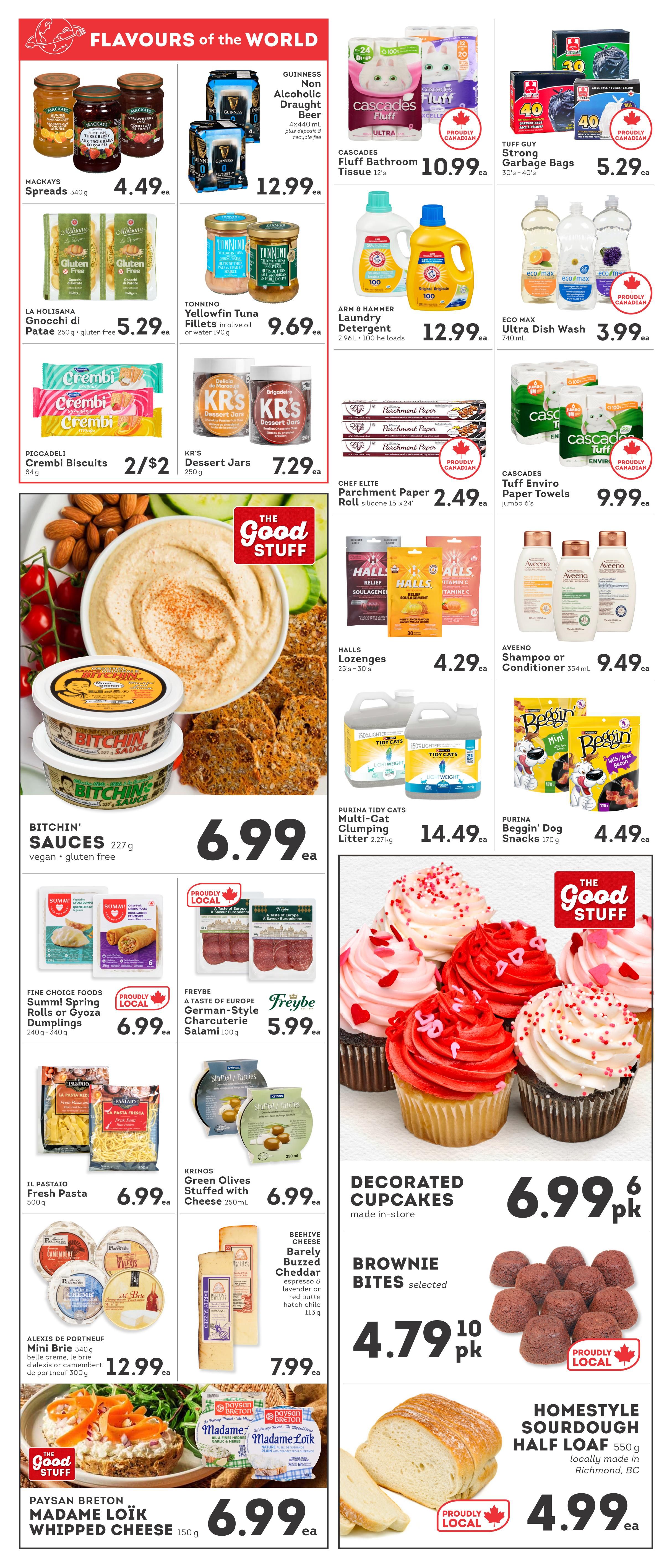 IGA British Columbia weekly flyer specials page 5. Featured products include Mackays Spreads for $4.49, Guinness Non-Alcoholic Draught Beer 4x440mL for $12.99, Cascades Fluff Bathroom Tissue 12's for $10.99, and Tuff Guy Strong Garbage Bags 30's-40's for $5.29. Also available are La Molisana Gnocchi di Pata 250g gluten-free for $5.29, Toninno Yellowfin Tuna Fillets 190g for $9.69, Piccadeli Crembi Biscuits 84g for 2 for $2, and KR'S Dessert Jars 250g for $7.29. Bitchin' Sauces 227g vegan and gluten-free are $6.99. Fine Choice Foods Summ! Spring Rolls or Gyoza Dumplings 240g-340g are $6.99. Freybe A Taste of Europe German-Style Charcuterie Salami 100g is $5.99. Il Pastaio Fresh Pasta 500g is $6.99. Krinos Green Olives Stuffed with Cheese 250mL are $6.99. Alexis de Portneuf Mini Brie 340g and other cheeses are $12.99. Beehive Cheese Barely Buzzed Cheddar is $7.99. Paysan Breton Madame Loïk Whipped Cheese 150g is $6.99. Decorated Cupcakes made in-store are $6.99 per pack. Brownie Bites selected are $4.79 per pack. Homestyle Sourdough Half Loaf 550g is $4.99. Other featured items include Arm & Hammer Laundry Detergent 2.96L for $12.99, Eco Max Ultra Dish Wash 740mL for $3.99, Chef Elite Parchment Paper Roll 15'x24' for $2.49, Cascades Tuff Enviro Paper Towels jumbo 6's for $9.99, Halls Lozenges 25's-30's for $4.29, and Aveeno Shampoo or Conditioner 354mL for $9.49. Purina Tidy Cats Multi-Cat Clumping Litter 2.27kg is $14.49, and Purina Beggin' Dog Snacks 170g are $4.49.