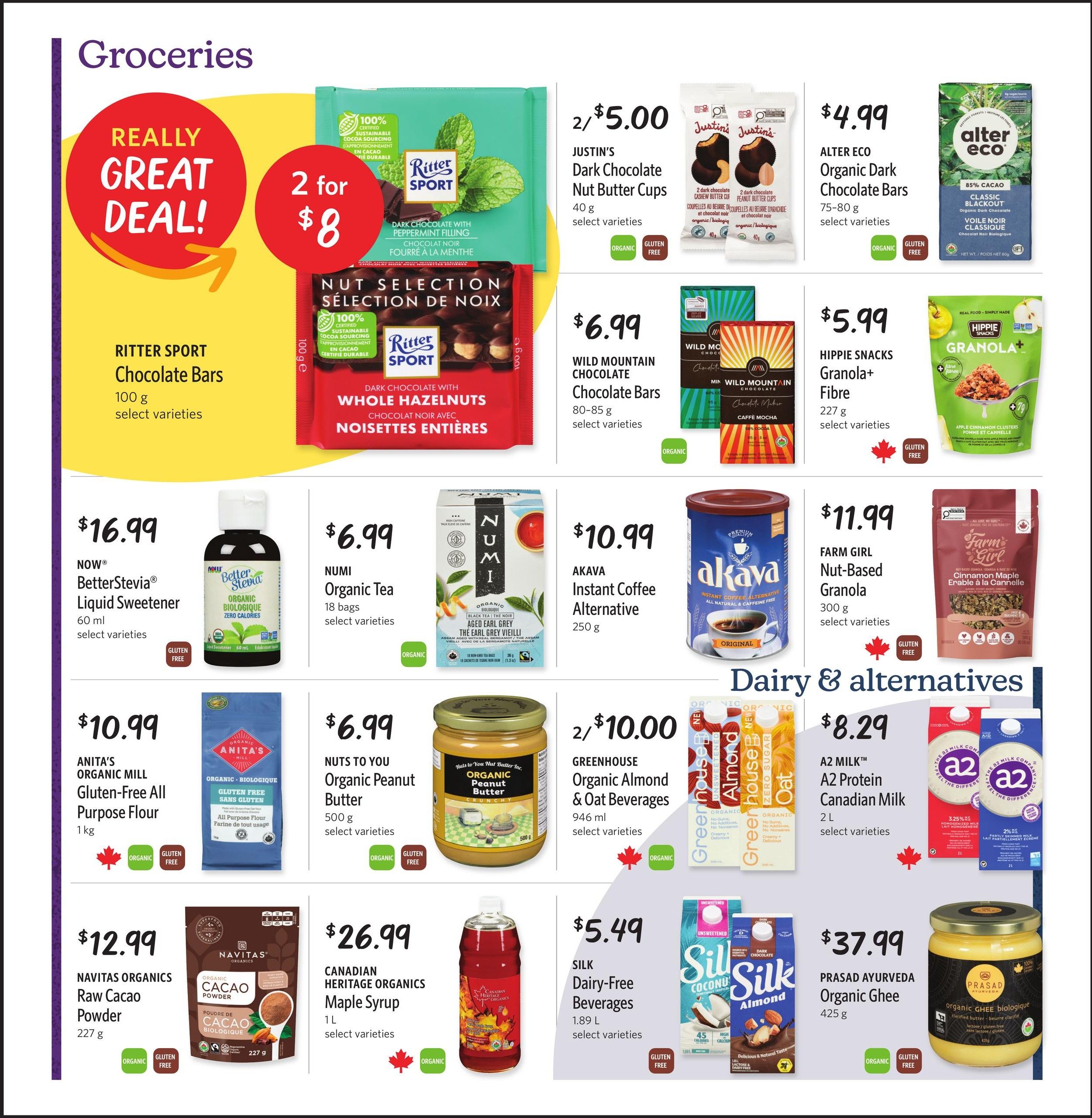 Nature's Fare Markets flyer page 3 featuring a 'Really Great Deal' on Ritter Sport Chocolate Bars, 2 for $8. Other grocery specials include Justin's Dark Chocolate Nut Butter Cups for 2/$5.00, Alter Eco Organic Dark Chocolate Bars for $4.99, Wild Mountain Chocolate Chocolate Bars for $6.99, and Hippie Snacks Granola+ Fibre for $5.99. Also featured are NOW BetterStevia Liquid Sweetener for $16.99, Numi Organic Tea for $6.99, Akava Instant Coffee Alternative for $10.99, Farm Girl Nut-Based Granola for $11.99, Anita's Organic Mill Gluten-Free All Purpose Flour for $10.99, Nuts to You Organic Peanut Butter for $6.99, Greenhouse Organic Almond & Oat Beverages for 2/$10.00, A2 Milk A2 Protein Canadian Milk for $8.29, Navitas Organics Raw Cacao Powder for $12.99, Canadian Heritage Organics Maple Syrup for $26.99, Silk Dairy-Free Beverages for $5.49, and Prasad Ayurveda Organic Ghee for $37.99. The page also highlights 'Dairy & Alternatives'.