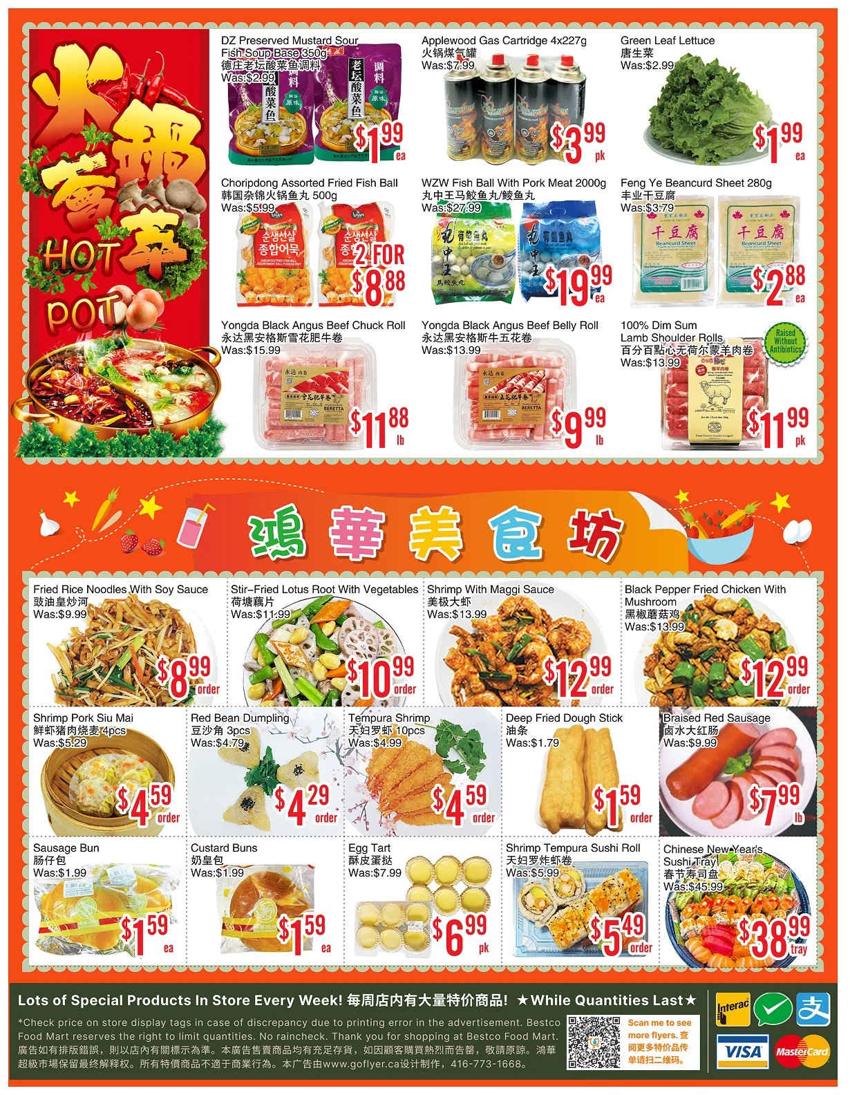 Bestco Food Mart weekly flyer specials page 4. Featured items include DZ Preserved Mustard Sour Fish Soup Base for $1.99, Applewood Gas Cartridges 4x227g for $3.99 pk, and Green Leaf Lettuce for $1.99 ea. Also available are Choripdong Assorted Fried Fish Ball for $8.88 (2 FOR), WZW Fish Ball With Pork Meat 2000g for $19.99 ea, and Feng Ye Beancurd Sheet 280g for $2.88 ea. Meat specials include Yongda Black Angus Beef Chuck Roll for $11.88 lb, Yongda Black Angus Beef Belly Roll for $9.99 lb, and 100% Dim Sum Lamb Shoulder Rolls for $11.99 pk. Hot Pot ingredients are also featured. Additional food items include Fried Rice Noodles With Soy Sauce for $8.99 order, Stir-Fried Lotus Root With Vegetables for $10.99 order, Shrimp With Maggi Sauce for $12.99 order, and Black Pepper Fried Chicken With Mushroom for $12.99 order. Other deals are Shrimp Pork Siu Mai for $4.59 order, Red Bean Dumpling for $4.29 order, Tempura Shrimp 10pcs for $4.59 order, Deep Fried Dough Stick for $1.59 order, Braised Red Sausage for $7.99 lb, Sausage Bun for $1.59 ea, Custard Buns for $1.59 ea, Egg Tart for $6.99 pk, and Shrimp Tempura Sushi Roll for $5.49 order. Chinese New Year's Sushi Tray is available for $38.99 tray. Lots of special products in store every week!