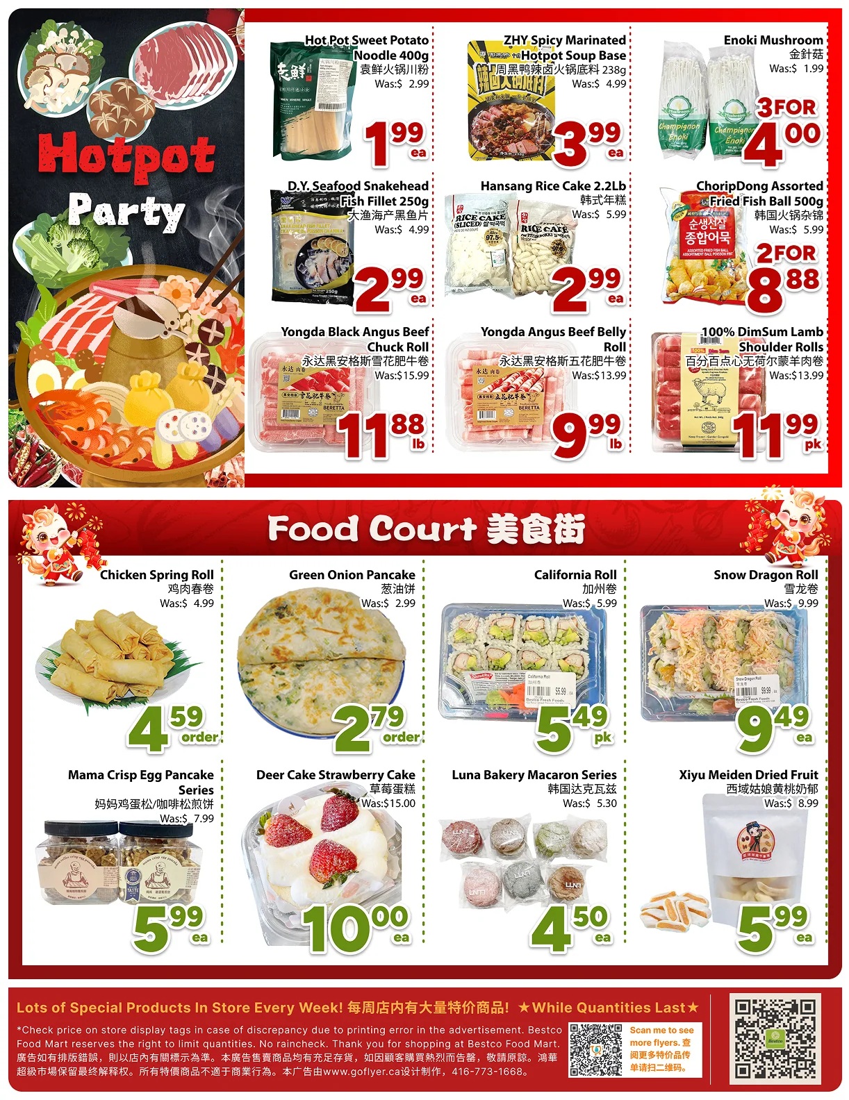 Bestco Food Mart weekly flyer specials page 4 features a 'Hotpot Party' section with Hot Pot Sweet Potato Noodle for $1.99 ea, ZHY Spicy Marinated Hot Soup Base for $3.99 ea, Enoki Mushroom for 3 for $4.00, D.Y. Seafood Snakehead Fish Fillet for $2.99 ea, Hansang Rice Cake for $2.99 ea, and ChoripDong Assorted Fried Fish Ball for 2 for $8.88. Also featured are Yongda Black Angus Beef Chuck Roll for $11.88 lb, Yongda Angus Beef Belly Roll for $9.99 lb, and 100% DimSum Lamb Shoulder Rolls for $11.99 pk. The 'Food Court' section includes Chicken Spring Roll for $4.59 order, Green Onion Pancake for $2.79 order, California Roll for $5.49 pk, and Snow Dragon Roll for $9.49 ea. Additionally, Mama Crisp Egg Pancake Series is $5.99 ea, Deer Cake Strawberry Cake is $10.00 ea, Luna Bakery Macaron Series is $4.50 ea, and Xiyu Meiden Dried Fruit is $5.99 ea.
