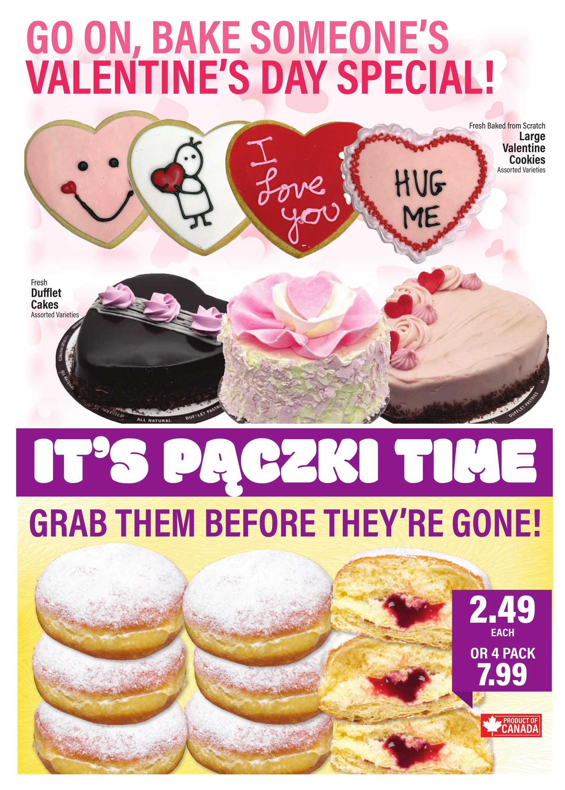 Commisso's Fresh Foods weekly flyer specials page 5 features a Valentine's Day bake sale. Pictured are fresh baked from scratch large Valentine cookies in assorted varieties, including heart shapes with 'I Love You' and 'Hug Me' messages. Also featured are fresh Dufflet cakes in assorted varieties, including a chocolate heart cake with pink frosting and a pink rose cake. The flyer also announces 'It's Paczki Time!' with a special offer of $2.49 each or 4 pack for $7.99 for paczki, which are a type of Polish doughnut, shown filled with jam and cream and dusted with powdered sugar. A 'Product of Canada' logo is visible.