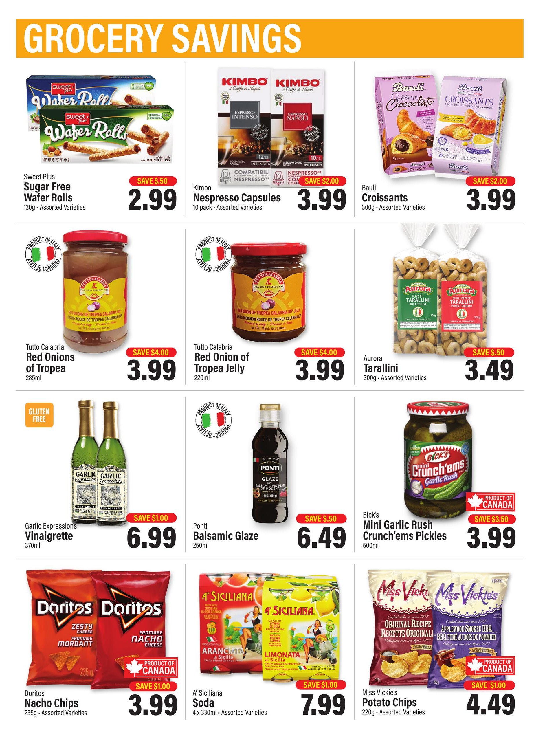 Commisso's Fresh Foods grocery savings flyer page 10 featuring Sweet Plus Sugar Free Wafer Rolls for $2.99, Kimbo Nespresso Capsules for $3.99, and Bauli Croissants for $3.99. Also available are Tutto Calabria Red Onions of Tropea for $3.99 and Red Onion of Tropea Jelly for $3.99, Aurora Tarallini for $3.49, Garlic Expressions Vinaigrette for $6.99, Ponti Balsamic Glaze for $6.49, Bick's Mini Garlic Rush Crunch'ems Pickles for $3.99, Doritos Nacho Chips for $3.99, A' Siciliana Soda for $7.99, and Miss Vickie's Potato Chips for $4.49.