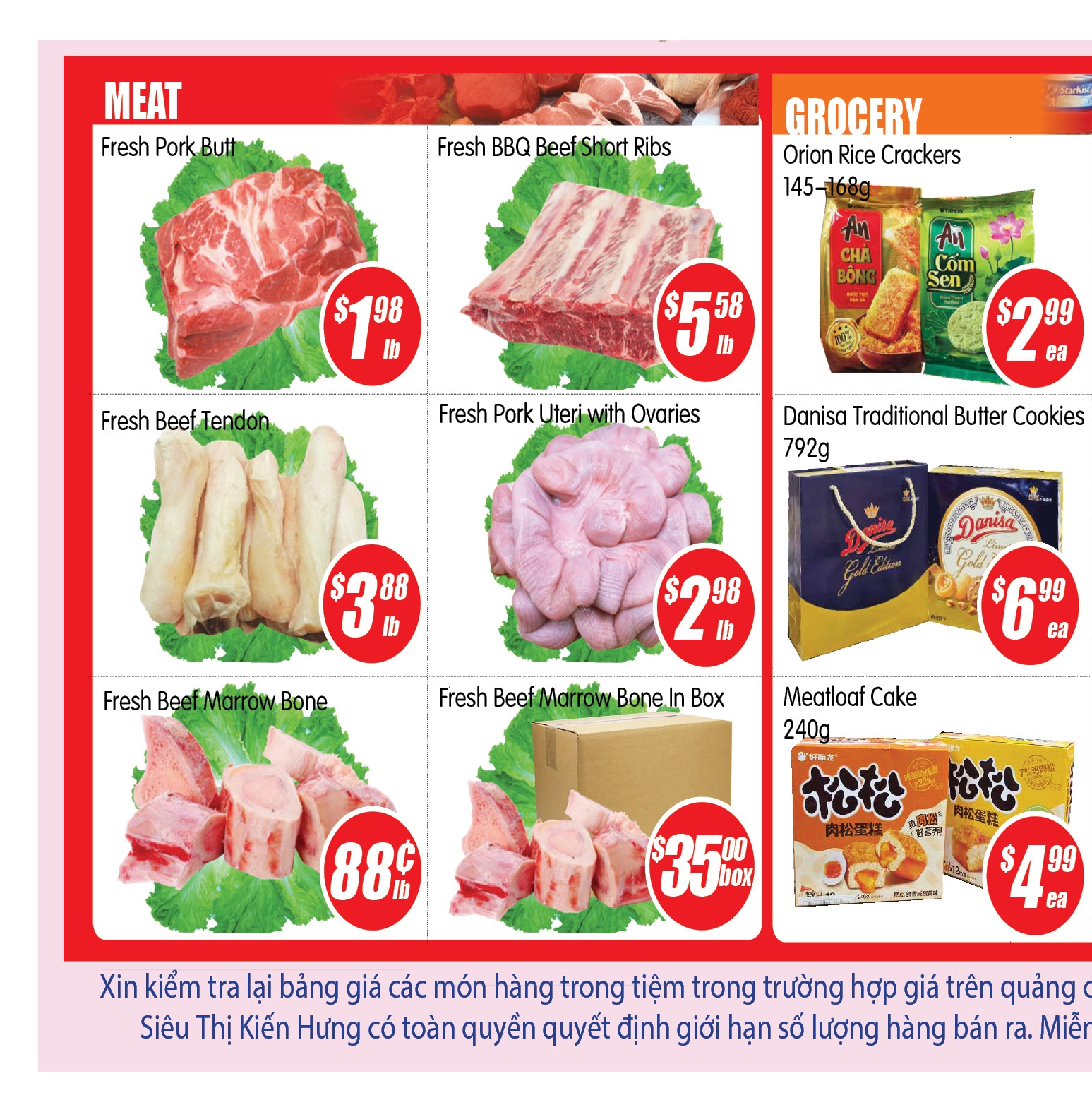 Jian Hing Supermarket weekly flyer specials, page 3. Featured meat products include Fresh Pork Butt for $1.98/lb, Fresh BBQ Beef Short Ribs for $5.58/lb, Fresh Beef Tendon for $3.88/lb, Fresh Pork Uteri with Ovaries for $2.98/lb, Fresh Beef Marrow Bone for $0.88/lb, and Fresh Beef Marrow Bone in a box for $35.00/box. Grocery items include Orion Rice Crackers (145-168g) for $2.99 each and Danisa Traditional Butter Cookies (792g) for $6.99 each. Also featured is Meatloaf Cake (240g) for $4.99 each.