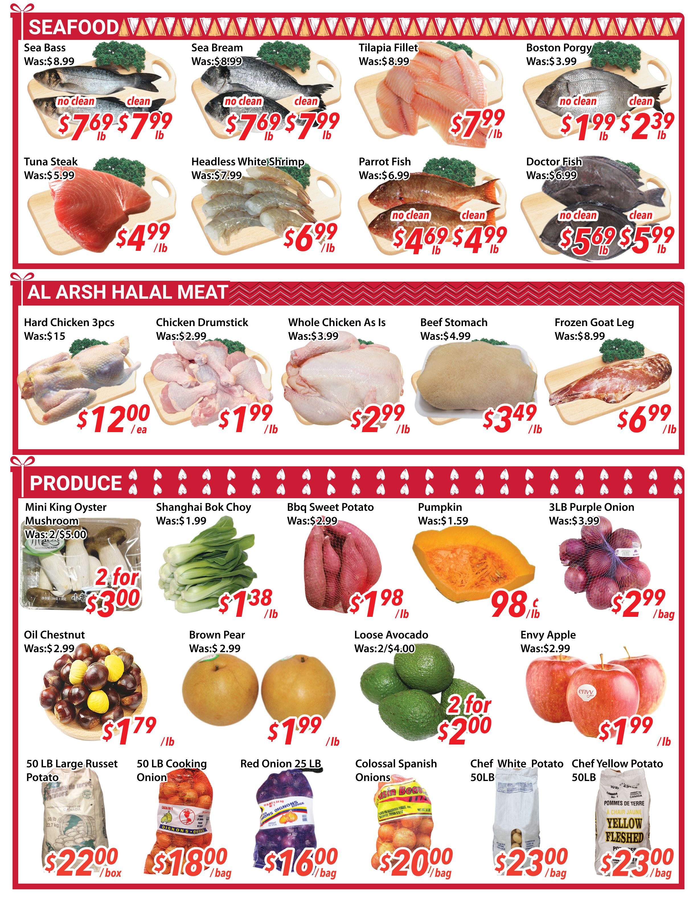 Ample Food Market weekly flyer specials page 2 features a variety of seafood, halal meat, and produce. Seafood options include Sea Bass at $7.69/lb (no clean) and $7.99/lb (clean), Sea Bream at $7.69/lb (no clean) and $7.99/lb (clean), Tilapia Fillet for $7.99/lb, Boston Porgy at $1.99/lb (no clean) and $2.39/lb (clean), Tuna Steak for $4.99/lb, Headless White Shrimp for $6.99/lb, Parrot Fish at $4.69/lb (no clean) and $4.99/lb (clean), and Doctor Fish for $5.69/lb (no clean) and $5.99/lb (clean). Al Arsh Halal Meat offers Hard Chicken 3pcs for $12.00 each, Chicken Drumstick for $1.99/lb, Whole Chicken As Is for $2.99/lb, Beef Stomach for $3.49/lb, and Frozen Goat Leg for $6.99/lb. Produce includes Mini King Oyster Mushroom at 2 for $3.00, Shanghai Bok Choy for $1.38/lb, Bbq Sweet Potato for $1.98/lb, Pumpkin for $0.98/lb, 3LB Purple Onion for $2.99/bag, Oil Chestnut for $1.79/lb, Brown Pear for $1.99/lb, Loose Avocado at 2 for $2.00, Envy Apple for $1.99/lb, 50 LB Large Russet Potato for $22.00/box, 50 LB Cooking Onion for $18.00/bag, Red Onion 25 LB for $16.00/bag, Colossal Spanish Onions for $20.00/bag, Chef White Potato 50LB for $23.00/bag, and Chef Yellow Potato 50LB for $23.00/bag.