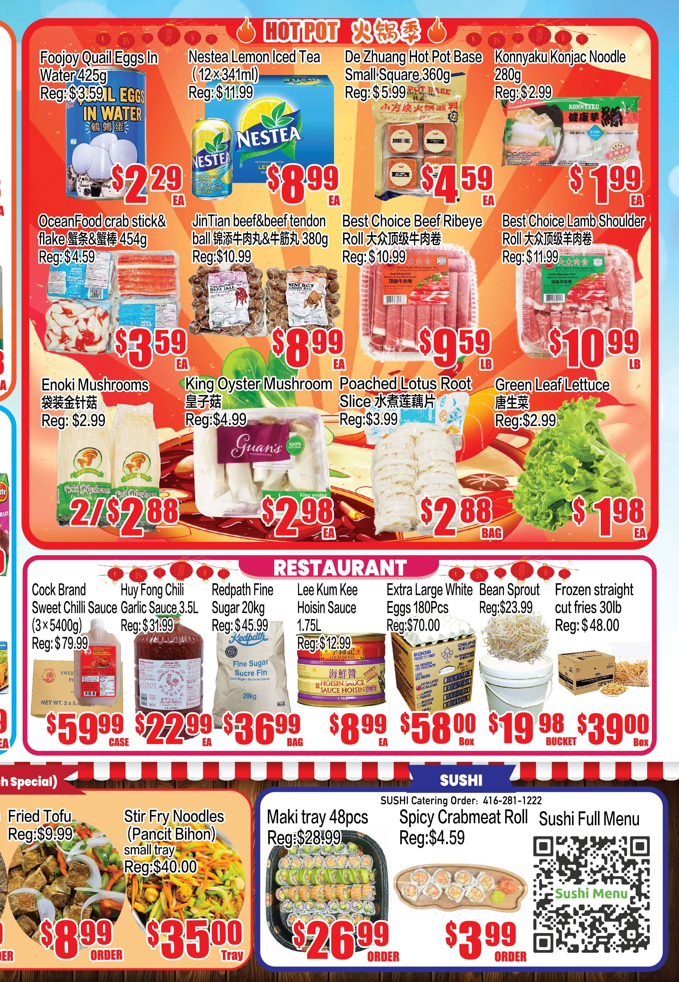 Fusion Supermarket weekly flyer specials page 3 features hot pot ingredients and restaurant specials. Top row includes Foojoy Quail Eggs in Water 425g for $2.29, Nestea Lemon Iced Tea (12x341ml) for $8.99, De Zhuang Hot Pot Base Small Square 360g for $4.59, and Konnyaku Konjac Noodle 280g for $1.99. Middle row showcases OceanFood crab stick & flake 454g for $3.59, JinTian beef & beef tendon ball 380g for $8.99, Best Choice Beef Ribeye Roll for $9.59/lb, and Best Choice Lamb Shoulder Roll for $10.99/lb. Below are Enoki Mushrooms for 2/$2.88, King Oyster Mushroom for $2.98 each, Poached Lotus Root Slice for $2.88/bag, and Green Leaf Lettuce for $1.98 each. The restaurant section highlights Cock Brand Sweet Chilli Sauce (3x5400g) for $59.99/case, Huy Fong Chili Garlic Sauce 3.5L for $22.99/case, Redpath Fine Sugar 20kg for $36.99/bag, Lee Kum Kee Hoisin Sauce 1.75L for $8.99, Extra Large White Eggs 180pcs for $58.00/bucket, and Frozen straight cut fries 30lb for $39.00/box. The bottom section offers Fried Tofu for $8.99/order, Stir Fry Noodles (Pancit Bihon) small tray for $35.00/tray, Maki tray 48pcs for $26.99/order, Spicy Crabmeat Roll for $3.99/order, and a QR code for Sushi Full Menu.
