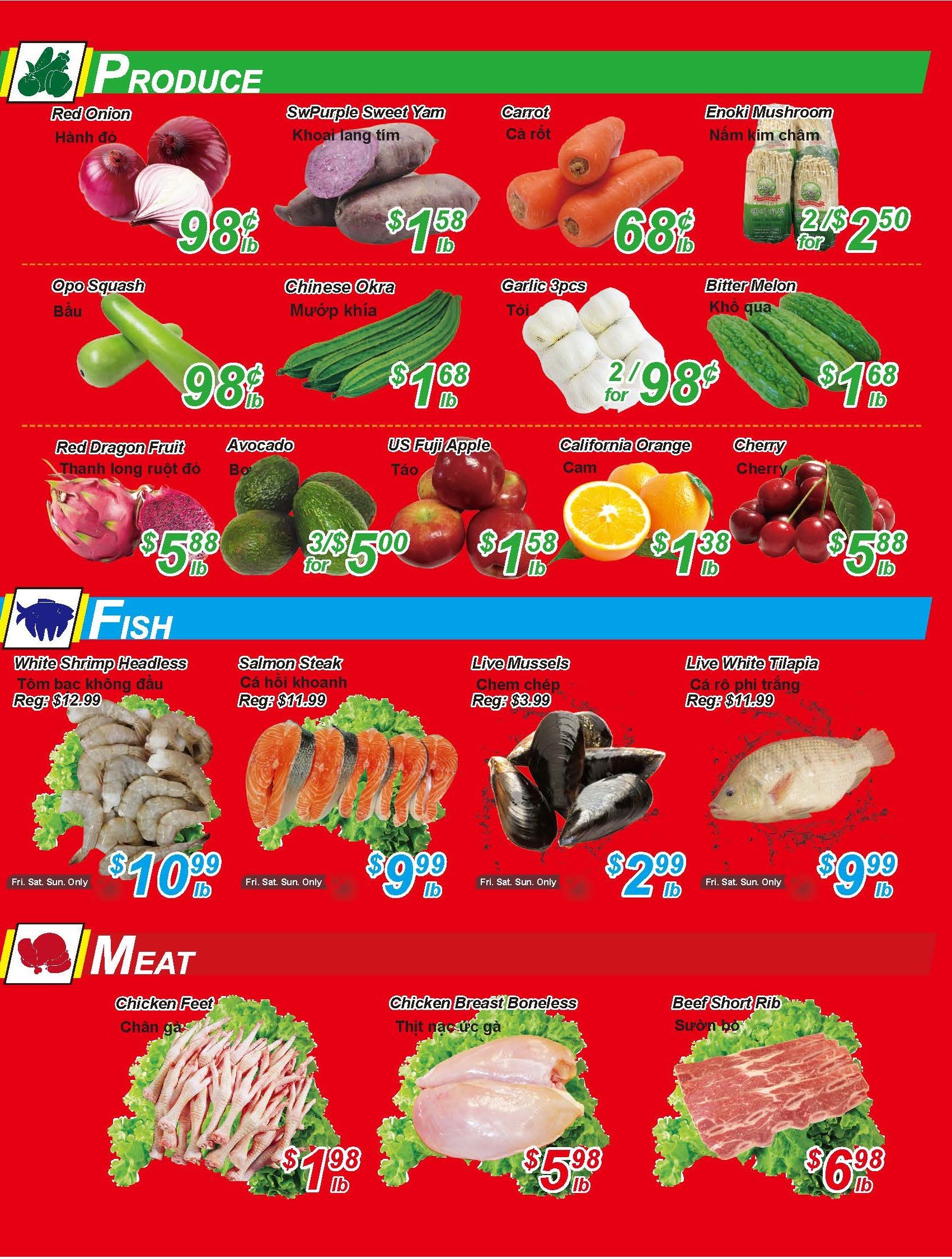 Golden Fresh Market weekly flyer specials page 3 features a variety of produce, fish, and meat. Produce highlights include Red Onions for $0.98/lb, SwPurple Sweet Yams for $1.58/lb, Carrots for $0.68/lb, Enoki Mushrooms 2 for $2.50, Opo Squash for $0.98/lb, Chinese Okra for $1.68/lb, Garlic 3 pieces for $0.98, Bitter Melon for $1.68/lb, Red Dragon Fruit for $5.88/lb, Avocados 3 for $5.00, US Fuji Apples for $1.58/lb, California Oranges for $1.38/lb, and Cherries for $5.88/lb. Fish specials include White Shrimp Headless for $10.99/lb (Fri-Sun Only), Salmon Steak for $9.99/lb (Fri-Sun Only), Live Mussels for $2.99/lb (Fri-Sun Only), and Live White Tilapia for $9.99/lb (Fri-Sun Only). Meat deals feature Chicken Feet for $1.98/lb, Chicken Breast Boneless for $5.98/lb, and Beef Short Rib for $6.98/lb.