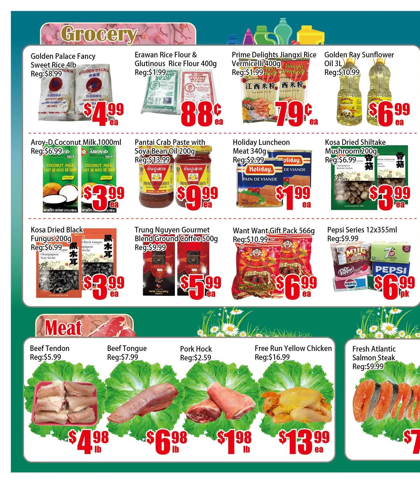 Pacific Fresh Food Market weekly flyer specials page 2 features a variety of grocery and meat items. Grocery deals include Golden Palace Fancy Sweet Rice 4lb for $4.99, Erawan Rice Flour & Glutinous Rice Flour 400g for 88 cents, Prime Delights Jiangxi Rice Vermicelli 400g for 79 cents, and Golden Ray Sunflower Oil 3L for $6.99. Also available are Aroy-D Coconut Milk 1000ml for $3.99, Pantai Crab Paste with Soya Bean Oil 200g for $9.99, Holiday Luncheon Meat 340g for $1.99, Kosa Dried Shiitake Mushroom 200g for $3.99, Trung Nguyen Gourmet Blend Ground Coffee 500g for $5.99, Want Want Gift Pack 566g for $6.99, and Pepsi Series 12x355ml cans for $6.99. Meat specials include Beef Tendon for $4.98 per lb, Beef Tongue for $6.98 per lb, Pork Hock for $1.98 per lb, Free Run Yellow Chicken for $13.99 each, and Fresh Atlantic Salmon Steak for $7.99 per lb.