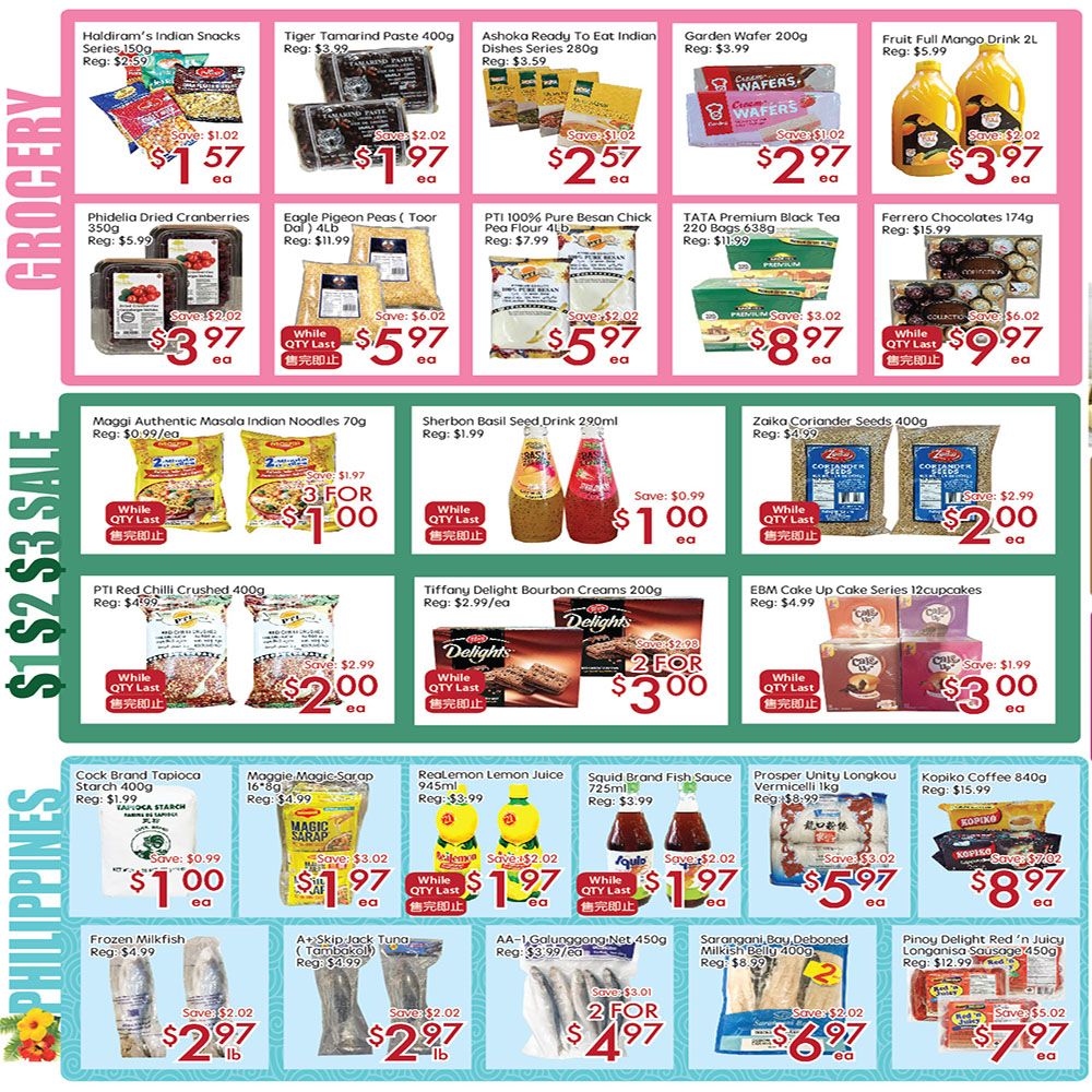 Sunny Foodmart weekly flyer specials page 2 features grocery and Philippines sections. Grocery deals include Haldiram's Indian Snacks Series 150g for $1.57, Tiger Tamarind Paste 400g for $1.97, Ashoka Ready To Eat Indian Dishes Series 280g for $2.57, and Garden Wafer 200g for $2.97. Also featured are Fruit Full Mango Drink 2L for $3.97, Phidelia Dried Cranberries 350g for $3.97, Eagle Pigeon Peas (Toor Dal) 4LB for $5.97, PTI 100% Pure Besan Chick Pea Flour 4LB for $5.97, TATA Premium Black Tea 220 Bags 658g for $8.97, and Ferrero Chocolates 174g for $9.97. The $1 $2 $3 SALE section includes Maggi Authentic Masala Indian Noodles 70g for 3 for $1.00, Sherbon Basil Seed Drink 290ml for $1.00, PTI Red Chilli Crushed 400g for $2.00, Tiffany Delight Bourbon Creams 200g for 2 for $3.00, and EBM Cake Up Cake Series 12cupcakes for $3.00. The Philippines section offers Cock Brand Tapioca Starch 400g for $1.00, Maggic Magic Sarap 16-80g for $1.97, RealLemon Lemon Juice 945ml for $1.97, Squid Brand Fish Sauce 725ml for $1.97, Prosper Unity Longkou Vermicelli 1kg for $5.97, and Kopiko Coffee 840g for $8.97. Additional deals are Frozen Milkfish for $2.97/lb, AA-1 Skipjack Tuna (Tambakol) for $2.97/lb, AA-1 Galunggung Net 450g for 2 for $4.97, Sarangani Bay Deboned Milkfish Belly 400g for $6.97, and Pinoy Delight Red 'n Juicy Longanisa Sausage 450g for $7.97.