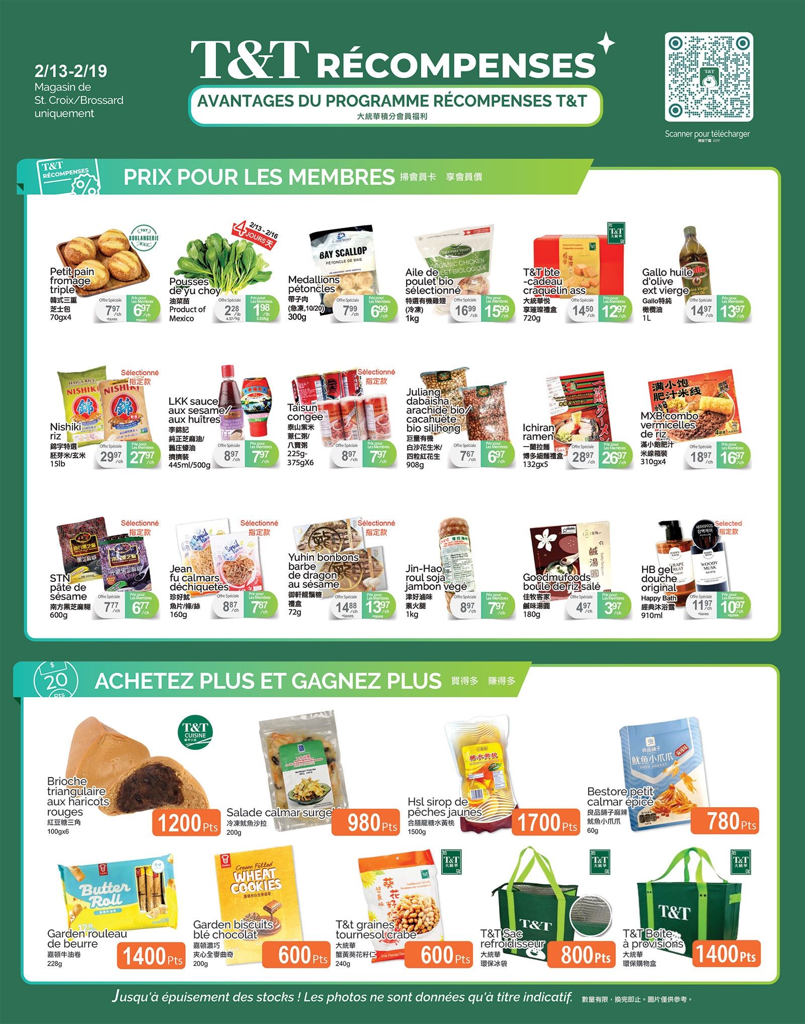 T&T Supermarket weekly flyer specials page 4, featuring member prices. Products include Petit pain fromage triple (triple cream brioche) for $6.97, Pousses de yu choy (yu choy greens) for $1.98, Medaillons de petoncles (scallop medallions) for $6.99, Aile de poulet bio arachide bio (organic chicken wings) for $15.99, T&T bte cadeau craquelin ass (assorted crackers gift box) for $12.97, and Gallo huile d'olive extra vierge (extra virgin olive oil) for $13.97. Other items include LKK sauce aux sesame (sesame sauce) for $7.97, Taisun congee for $7.97, Juliang dabaisha arachide bio (organic peanuts) for $6.97, Ichiran ramen for $26.97, STN pâte de sésame (sesame paste) for $6.77, Jean fu calmars déchiquetés (shredded squid) for $7.87, Yuhin bonbons barbe de dragon au sésame (sesame dragon beard candy) for $13.97, and Goodmufoods boule de riz salé (salted rice balls) for $3.97. Also featured are HB gel douche original (original shower gel) for $10.97. The bottom section highlights 'Buy More, Get More Points' with offers like Brioche triangulaire aux haricots rouges (red bean brioche) for 1200 pts, Salade calmar surge (surimi salad) for 980 pts, Garden rouleau de beurre (butter roll) for 1400 pts, Garden biscuits blé chocolat (chocolate wheat cookies) for 600 pts, T&T graines tournesol (sunflower seeds) for 600 pts, Hsl sirop de peches jaunes (yellow peach syrup) for 1700 pts, Bestore petit calmar epice (spicy squid snacks) for 780 pts, T&T sac refroidisseur (cooler bag) for 800 pts, and T&T boite à provisions (grocery box) for 1400 pts. Offer valid from February 13 to February 19, 2026.