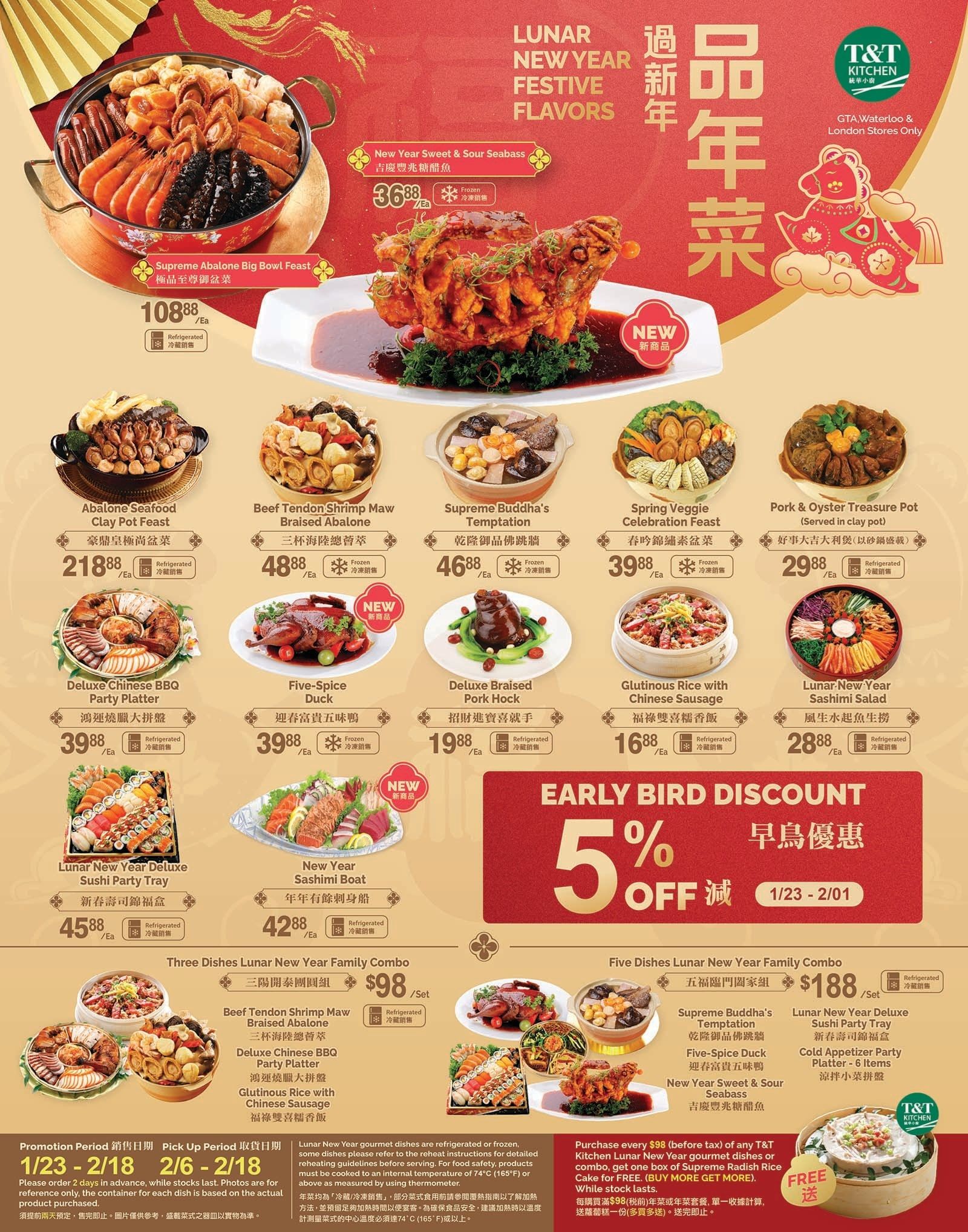 T & T Supermarket weekly flyer specials for Ontario, Page 6. Featuring Lunar New Year festive flavors. Highlighted items include Supreme Abalone Big Bowl Feast for $108.88, New Year Sweet & Sour Seabass for $36.88, Abalone Seafood Clay Pot Feast for $218.88, Beef Tendon Shrimp Maw Braised Abalone for $48.88, Supreme Buddha's Temptation for $46.88, Spring Veggie Celebration Feast for $39.88, and Pork & Oyster Treasure Pot (served in clay pot) for $29.88. Also featured are Deluxe Chinese BBQ Party Platter for $39.88, Five-Spice Duck for $39.88, Deluxe Braised Pork Hock for $19.88, Glutinous Rice with Chinese Sausage for $16.88, and Lunar New Year Sashimi Salad for $28.88. Additional offerings include Lunar New Year Deluxe Sushi Party Tray for $45.88 and New Year Sashimi Boat for $42.88. Combos available are Three Dishes Lunar New Year Family Combo for $98/set and Five Dishes Lunar New Year Family Combo for $188/set. An early bird discount of 5% off is available from January 23 to February 1. Purchase any $98 (before tax) of T&T Kitchen Lunar New Year gourmet dishes or combo to receive a free box of Supreme Radish Rice Cake. Promotion period is January 23 - February 18, with pick-up period from February 6 - February 18.