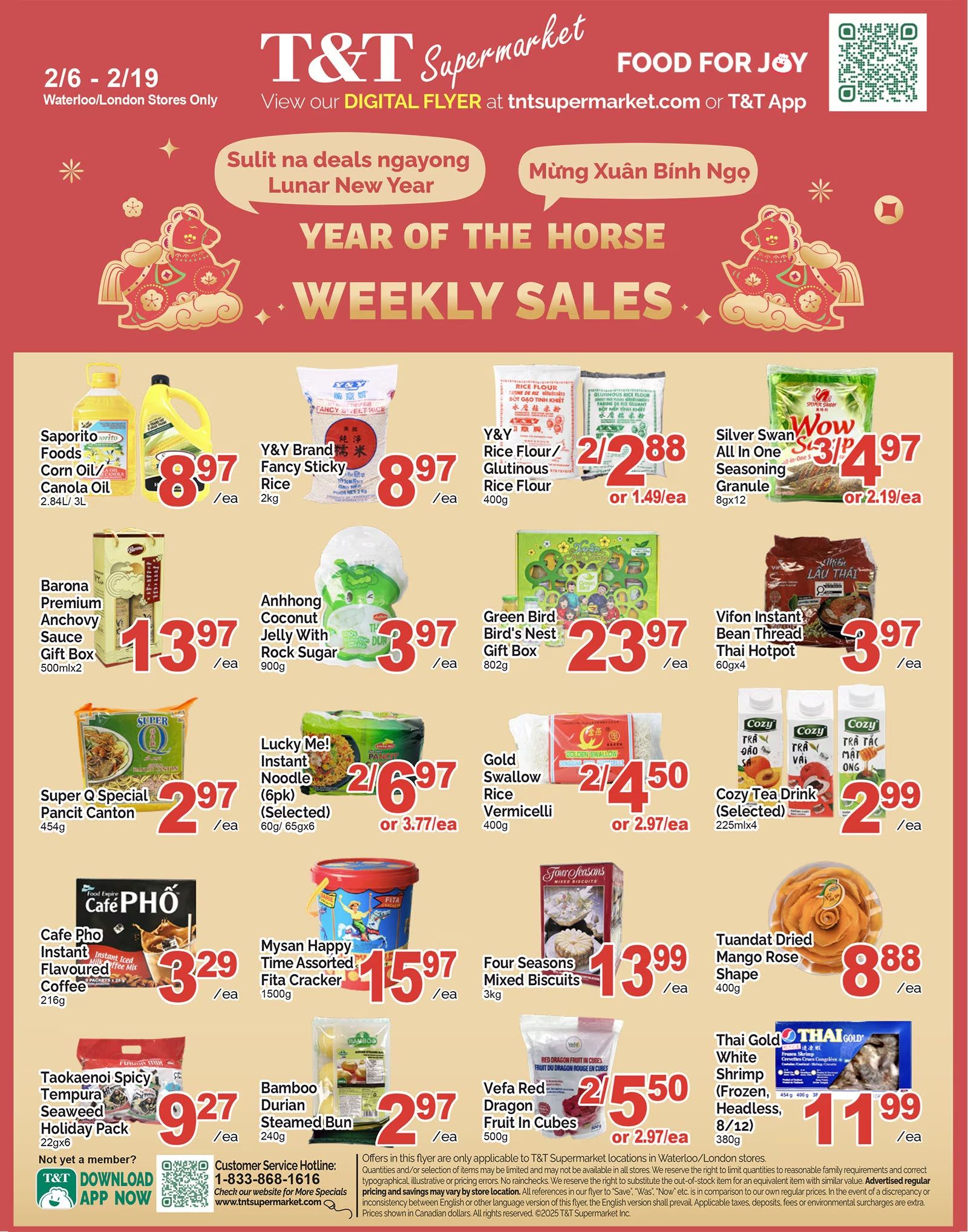 T&T Supermarket weekly sales flyer for Ontario, page 9, featuring Lunar New Year specials. Products include Saporito Foods Corn Oil/Canola Oil for $8.97/ea, Y&Y Brand Fancy Sticky Rice (2kg) for $8.97/ea, Y&Y Rice Flour/Glutenous Rice Flour (400g) for $2.88/ea or $1.49/ea, and Silver Swan Wow All In One Seasoning Granule (8gx12) for $4.97/ea or $2.19/ea. Also featured are Barona Premium Anchovy Sauce Gift Box (500mlx2) for $13.97/ea, Anhhong Coconut Jelly With Rock Sugar (900g) for $3.97/ea, Green Bird Bird's Nest Gift Box (802g) for $23.97/ea, and Vifon Instant Bean Thread Thai Hotpot (60gx4) for $3.97/ea. Noodle and vermicelli options include Super Q Special Pancit Canton (454g) for $2.97/ea, Lucky Me! Instant Noodle (Selected, 6pk) for $6.97/ea or $3.77/ea, and Gold Swallow Rice Vermicelli (400g) for $4.50/ea or $2.97/ea. Other items are Cafe Pho Instant Flavoured Coffee (216g) for $3.29/ea, Mysan Happy Time Assorted Fita Cracker (1500g) for $15.97/ea, Four Seasons Mixed Biscuits (3kg) for $13.99/ea, Cozy Tea Drink (Selected, 225mlx4) for $2.99/ea, Tuandat Dried Mango Rose Shape (400g) for $8.88/ea, Taokaenoi Spicy Tempura Seaweed Holiday Pack (22gx6) for $9.27/ea, Bamboo Durian Steamed Bun (240g) for $2.97/ea, and Vefa Red Dragon Fruit In Cubes (500g) for $5.50/ea or $2.97/ea. Thai Gold White Shrimp (Frozen, Headless, 8/12, 380g) is on sale for $11.99/ea. Download the T&T App for more specials.