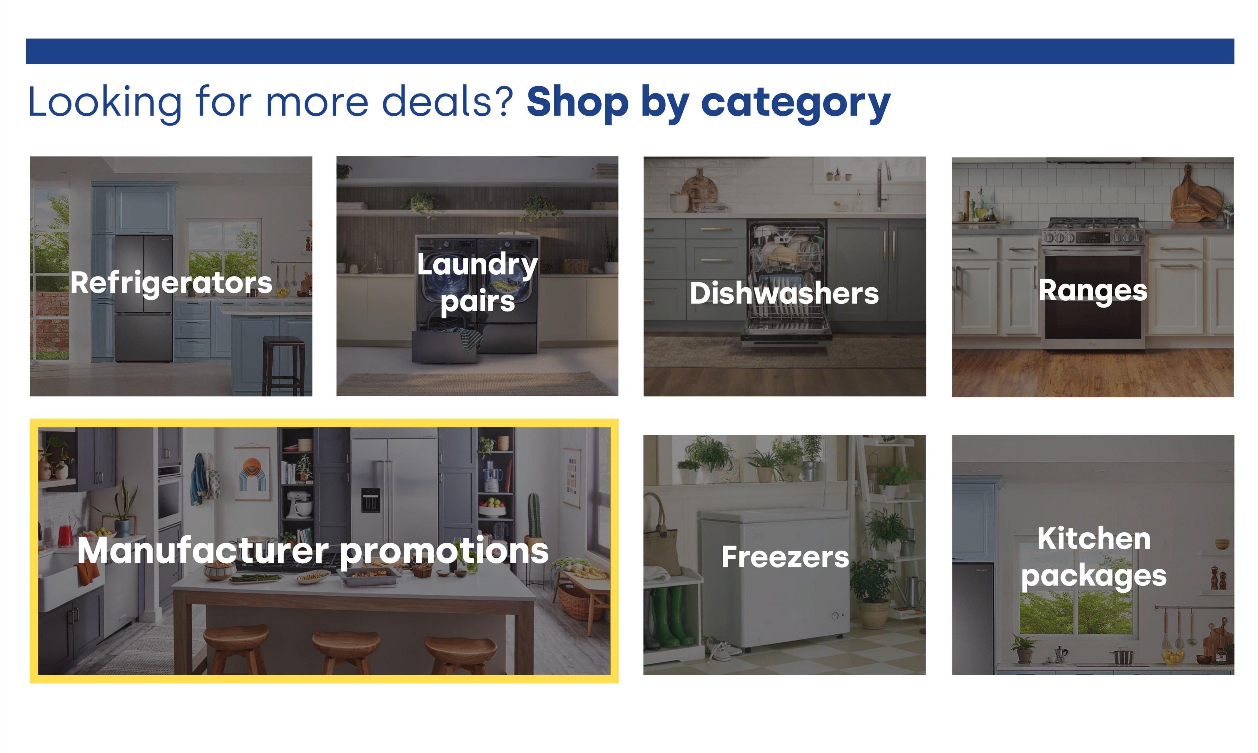 Trail Appliances flyer specials page 3: Looking for more deals? Shop by category, featuring images and links for Refrigerators, Laundry pairs, Dishwashers, Ranges, Manufacturer promotions, Freezers, and Kitchen packages.