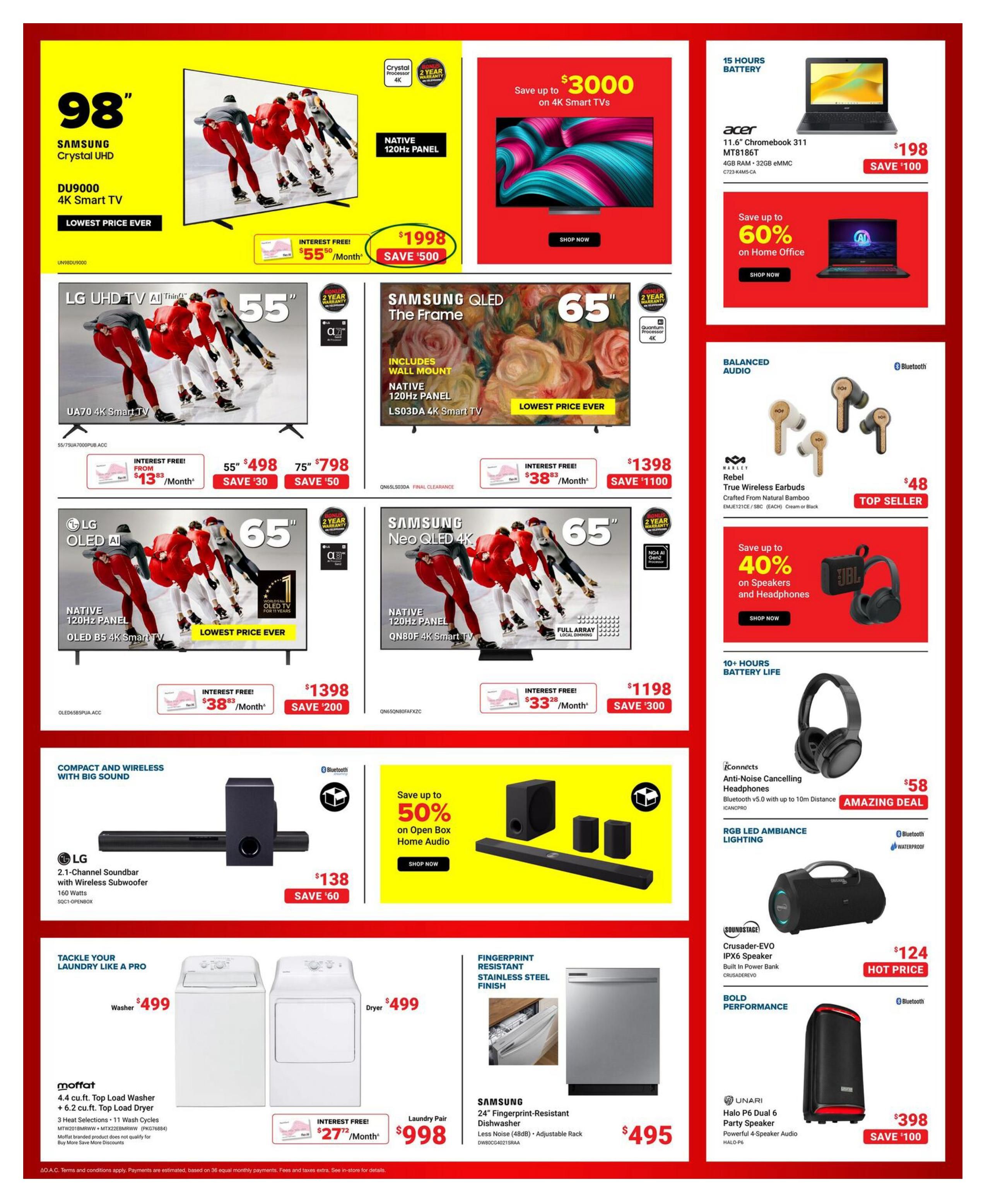 Visions Electronics weekly flyer specials page 2 features a 98-inch Samsung Crystal UHD DU9000 4K Smart TV for $1998, saving $500. Also on sale is a 65-inch Samsung QLED The Frame 4K Smart TV with wall mount for $1398, saving $110. An LG OLED AI B5 4K Smart TV is available in 55-inch for $498, saving $30, and in 75-inch for $798, saving $50. Another LG OLED AI QNED80 4K Smart TV is priced at $1198, saving $300. For home office, an Acer 11.6-inch Chromebook 311 MT8186T with 4GB RAM and 32GB eMMC is $198, saving $100, with 15 hours of battery life. There are also savings up to 60% on home office items. Audio deals include Marley Rebel True Wireless Earbuds for $48, a 2.1-Channel LG Soundbar with Wireless Subwoofer for $138, saving $50, and savings up to 50% on open box home audio. iConnects Anti-Noise Cancelling Headphones are an amazing deal at $58. A Soundstage Crusader-EVO IPX6 Speaker with built-in power bank is $124. The Unari Halo P6 Dual 6 Party Speaker is $398, saving $100. In laundry appliances, a Moffat 4.4 cu.ft. Top Load Washer is $499 and a 6.2 cu.ft. Top Load Dryer is $499, with the laundry pair for $998. A Samsung 24-inch Fingerprint-Resistant Dishwasher is $495. Interest-free financing options are available on select items.