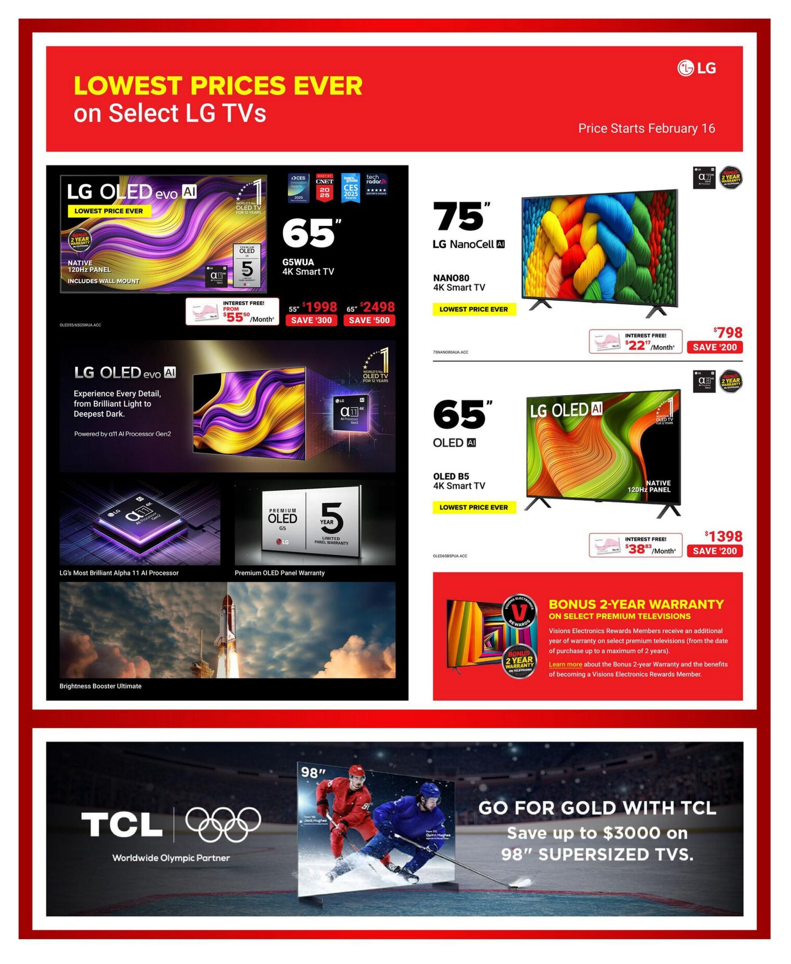 Visions Electronics weekly flyer specials page 4 features LG TVs with 'Lowest Price Ever' deals. Highlighted are the 65' LG OLED evo AI 4K Smart TV for $1998 (save $300) and a 65' model for $2498 (save $500), both with interest-free financing options. Also featured is a 75' LG NanoCell AI 4K Smart TV (model NANO80) for $798 (save $200) with interest-free financing at $22.17/month. Another 65' LG OLED B5 4K Smart TV is available for $1398 (save $200) with interest-free financing at $38.83/month. A bonus 2-year warranty is offered on select premium televisions for Visions Electronics Rewards Members. The page also promotes TCL 98' supersized TVs with savings up to $3000, highlighting TCL as a Worldwide Olympic Partner.