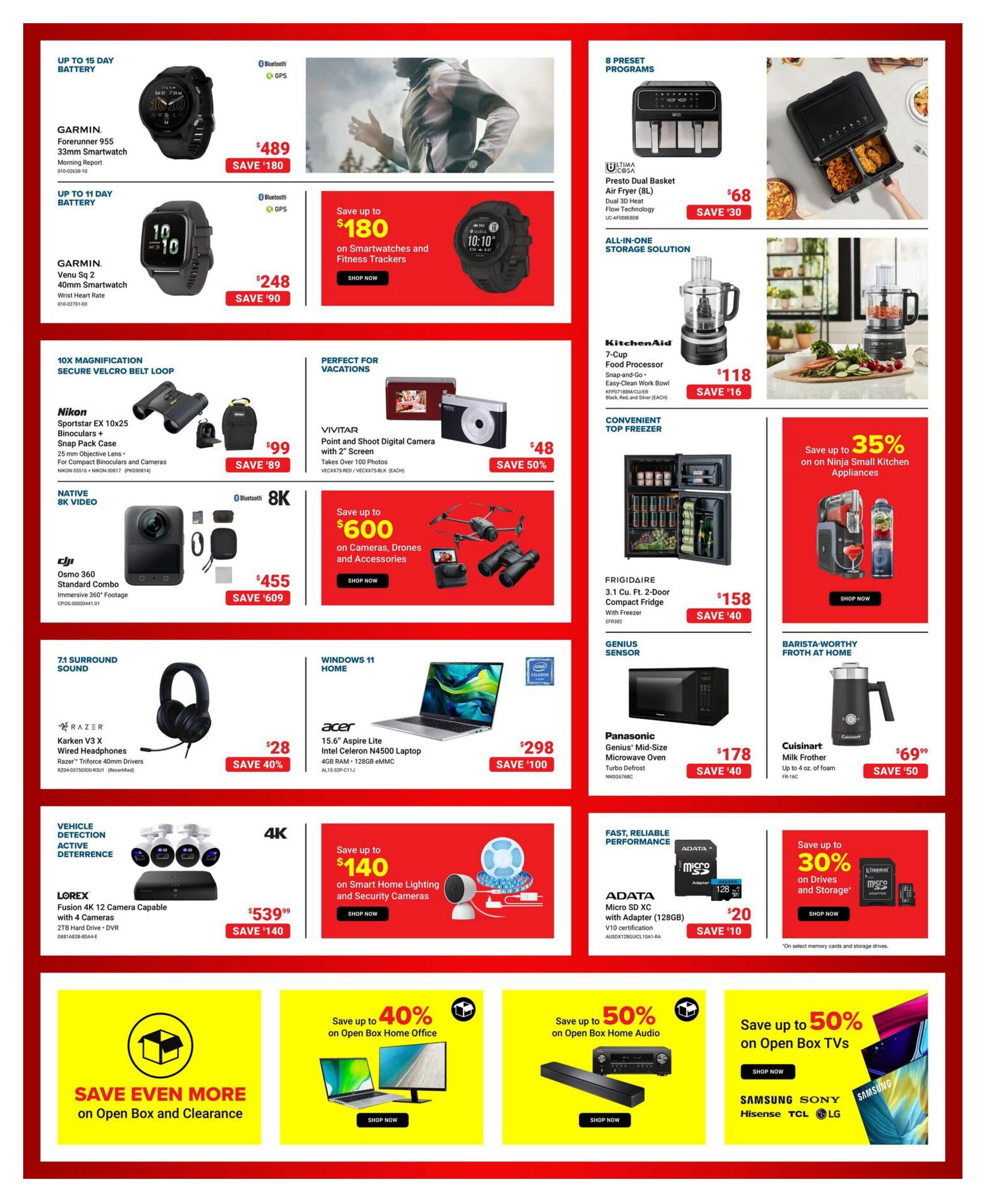 Visions Electronics weekly flyer specials page 5. Features Garmin Forerunner 955 33mm Smartwatch for $489, save $180. Garmin Venu Sq 2 40mm Smartwatch for $248, save $90. Ultima Cosa Presto Dual Basket Air Fryer (8L) for $68, save $30. Nikon Sportstar EX 10x25 Binoculars + Snap Pack Case for $99, save $89. Vivitar Point and Shoot Digital Camera with 2' Screen for $48, save 50%. DJI Osmo 360 Standard Combo for $455, save $609. KitchenAid 7-Cup Food Processor for $118, save $16. Frigidaire 3.1 Cu. Ft. 2-Door Compact Fridge with Freezer for $158, save $40. Save up to $600 on Cameras, Drones and Accessories. Razer Karken V3 X Wired Headphones for $28, save 40%. Acer 15.6' Aspire Lite Intel Celeron N4500 Laptop with 4GB RAM, 128GB eMMC for $298, save $100. Panasonic Genius Mid-Size Microwave Oven with Turbo Defrost for $178, save $40. Cuisinart Milk Frother for $69.99, save $50. Lorex Fusion 4K 12 Camera Capable with 4 Cameras 2TB Hard Drive DVR for $539.99, save $140. Save up to 35% on Ninja Small Kitchen Appliances. Save up to 40% on Open Box Home Office items. Save up to 50% on Open Box Home Audio items. Save up to 50% on Open Box TVs from Samsung, Sony, Hisense, TCL, and LG. Also features savings on Smart Home Lighting and Security Cameras.