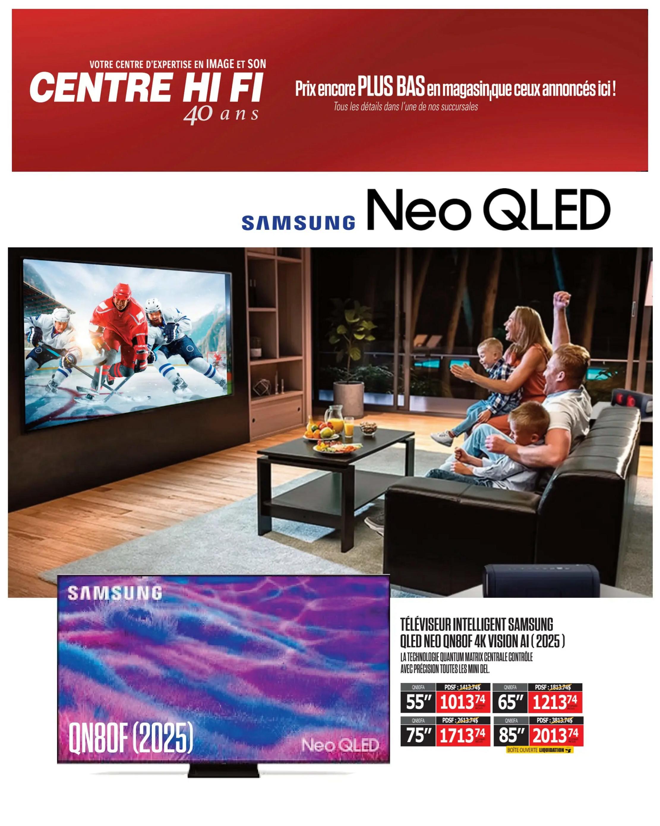 Centre Hi-Fi weekly flyer specials page 3 features Samsung Neo QLED 4K Vision AI TVs from 2025. The page showcases a family enjoying a hockey game on a large screen TV. Available models include the 55-inch QN80FA for $1013.74, the 65-inch QN80FA for $1213.74, the 75-inch QN80FA for $1713.74, and the 85-inch QN80FA for $2013.74. The 85-inch model is also available as a liquidation item in an open box for $3813.74. The TVs feature Quantum Matrix Technology with Mini-LED control.