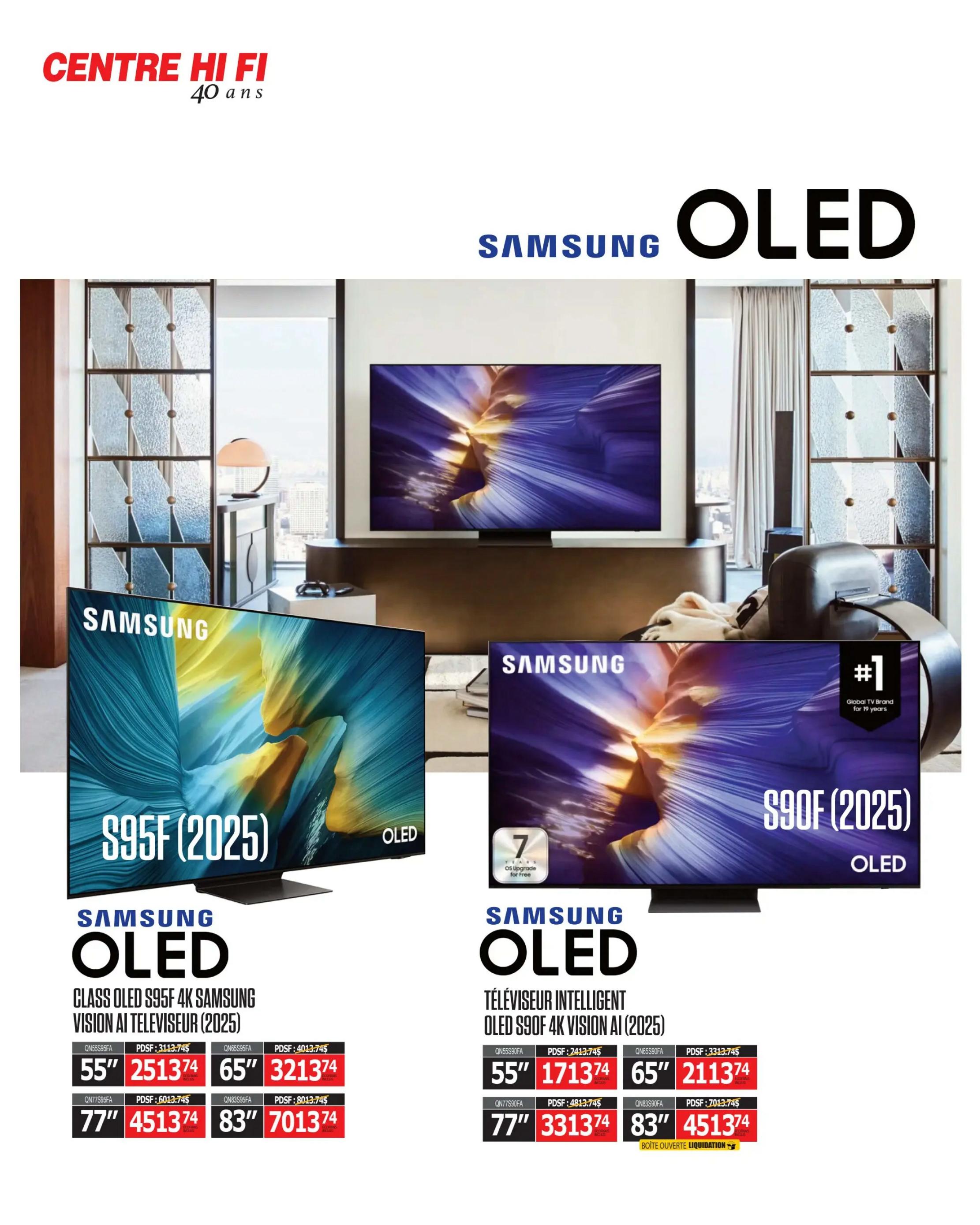 Centre Hi-Fi weekly flyer specials page 4 features Samsung OLED televisions. On the left, the Class OLED S95F 4K Samsung Vision AI TV (2025) is shown with available sizes and prices: 55-inch for $2513.74, 65-inch for $3213.74, 77-inch for $4513.74, and 83-inch for $7013.74. On the right, the Intelligent TV OLED S90F 4K Vision AI (2025) is displayed with prices: 55-inch for $1713.74, 65-inch for $2113.74, 77-inch for $3313.74, and 83-inch for $4513.74. The 83-inch S90F model is noted as 'Open Box Liquidation'.