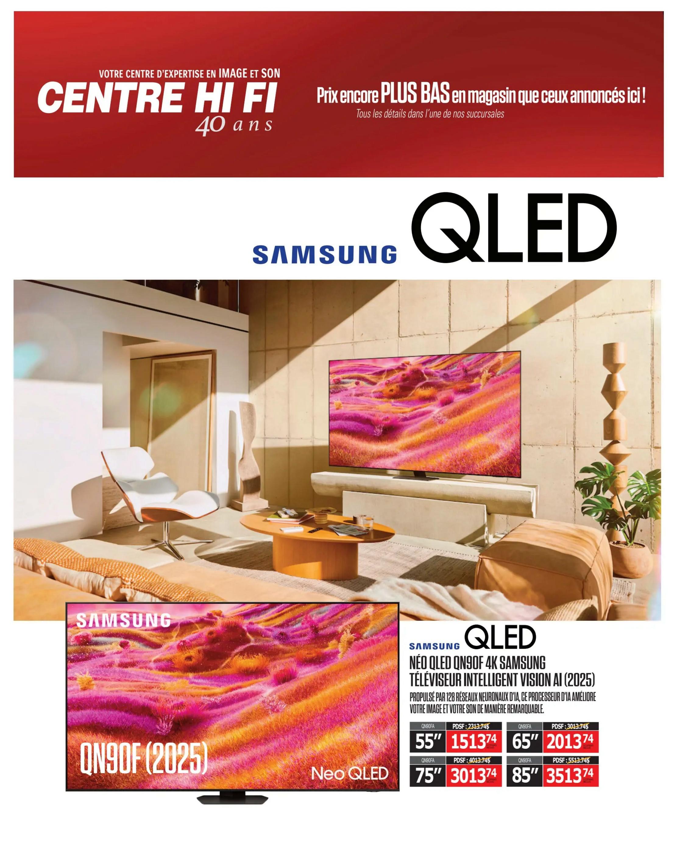 Centre Hi-Fi weekly flyer specials, page 6. Features Samsung QLED Neo QN90F 4K Smart TV with AI Vision Processor (2025). Available in 55-inch for $1513.74 (regular price $2313.74), 65-inch for $2013.74 (regular price $3013.74), and 75-inch for $3013.74 (regular price $4013.74). The 85-inch model is priced at $3513.74 (regular price $5513.74). The flyer highlights the AI processor for enhanced image and sound.