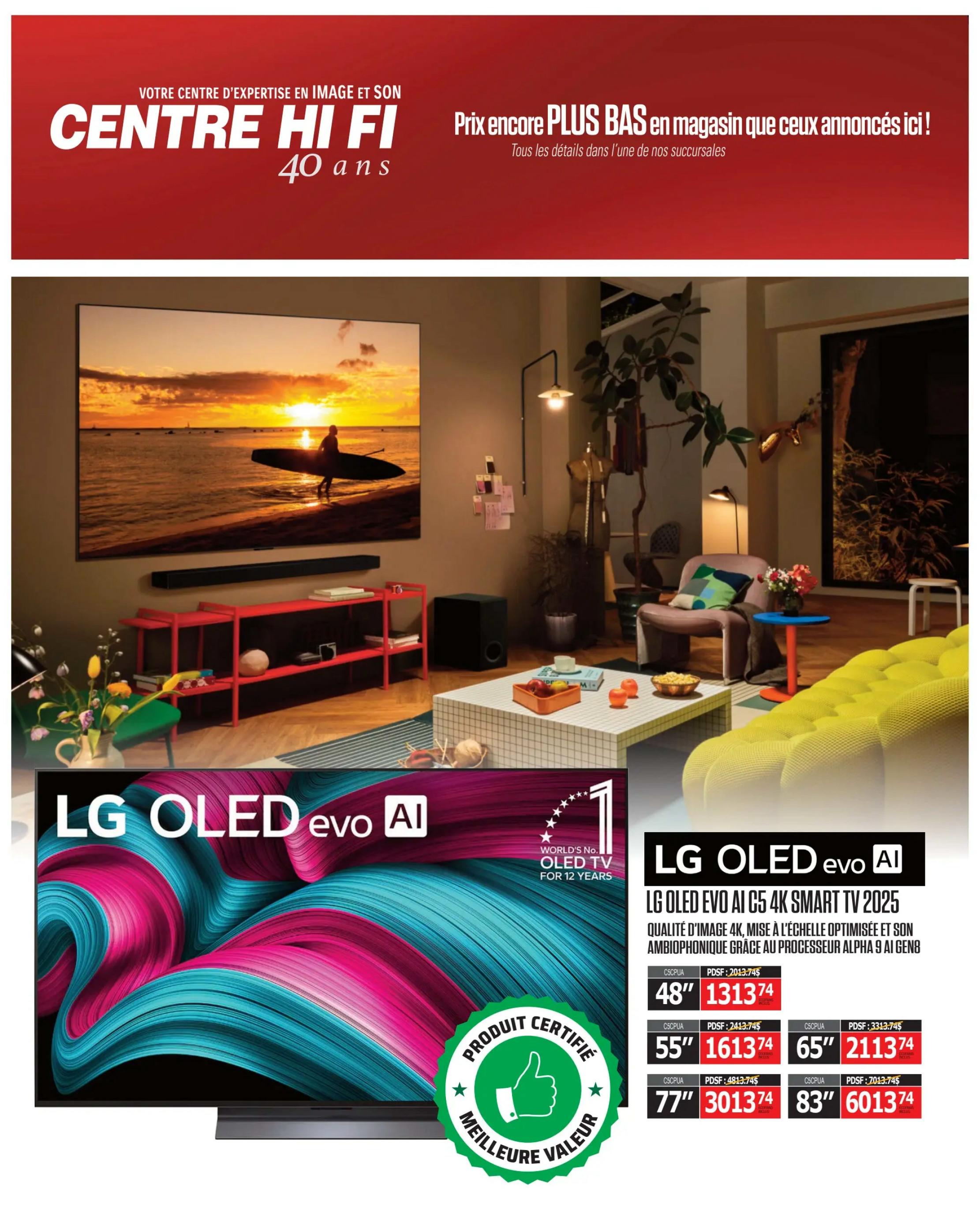 Centre Hi-Fi weekly flyer specials, page 8. Features the LG OLED evo AI C5 4K Smart TV 2025, described as having 4K image quality, optimized scaling, and AI Sound Pro with the Alpha 9 AI Gen8 processor. Available in multiple sizes: 48' for $1313.74, 55' for $1613.74, 65' for $2113.74, 77' for $3013.74, and 83' for $6013.74. The flyer highlights LG as the World's No. 1 OLED TV for 12 years. The page also shows a living room setting with a large TV displaying a sunset scene, a soundbar, and modern furniture.