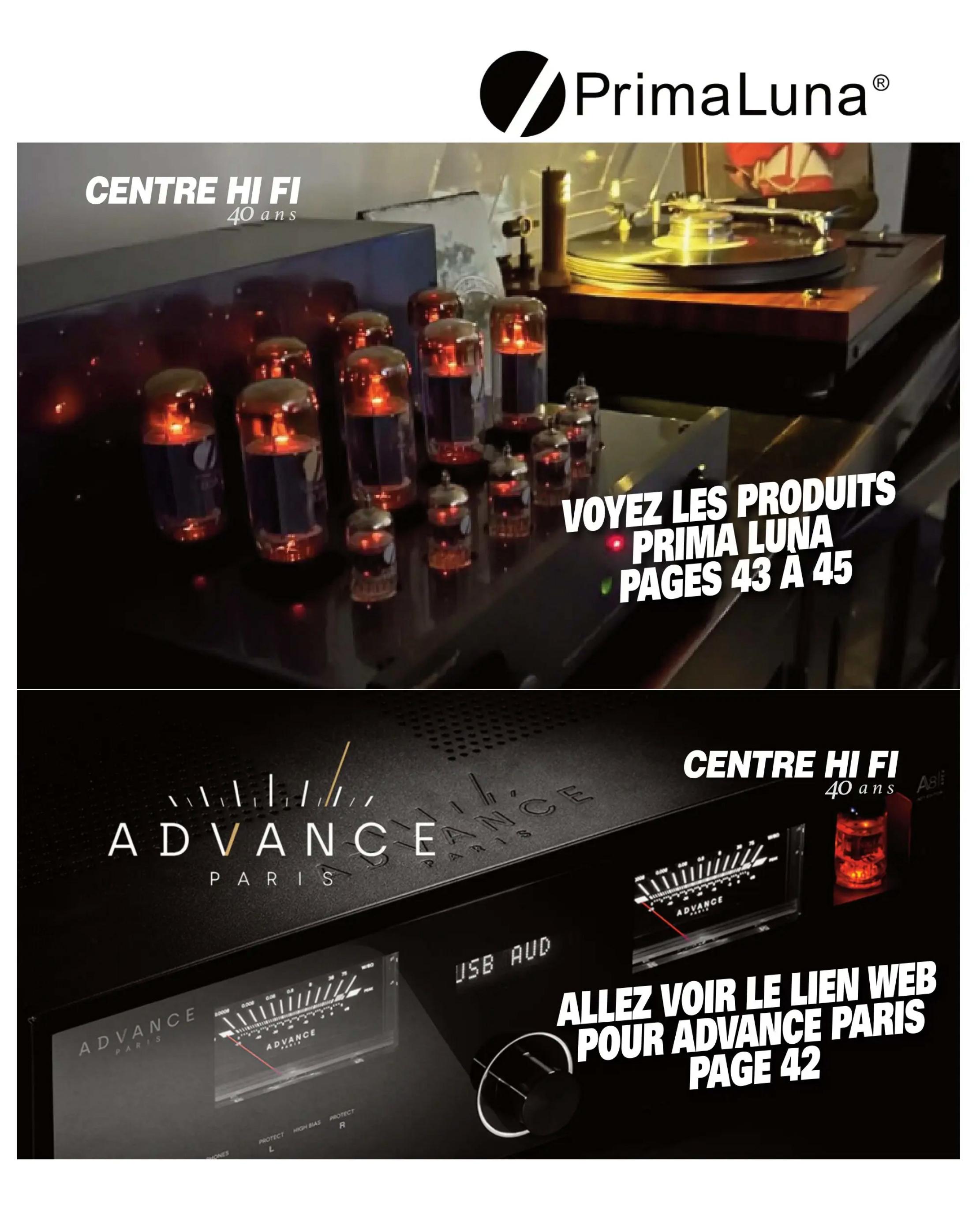 Centre Hi-Fi flyer page 13 features high-fidelity audio equipment. The top section showcases PrimaLuna products with glowing vacuum tubes and a turntable, inviting viewers to see PrimaLuna products on pages 43 to 45. The bottom section highlights Advance Paris audio equipment, including a unit with a VU meter and USB audio input, directing readers to view Advance Paris products on page 42.