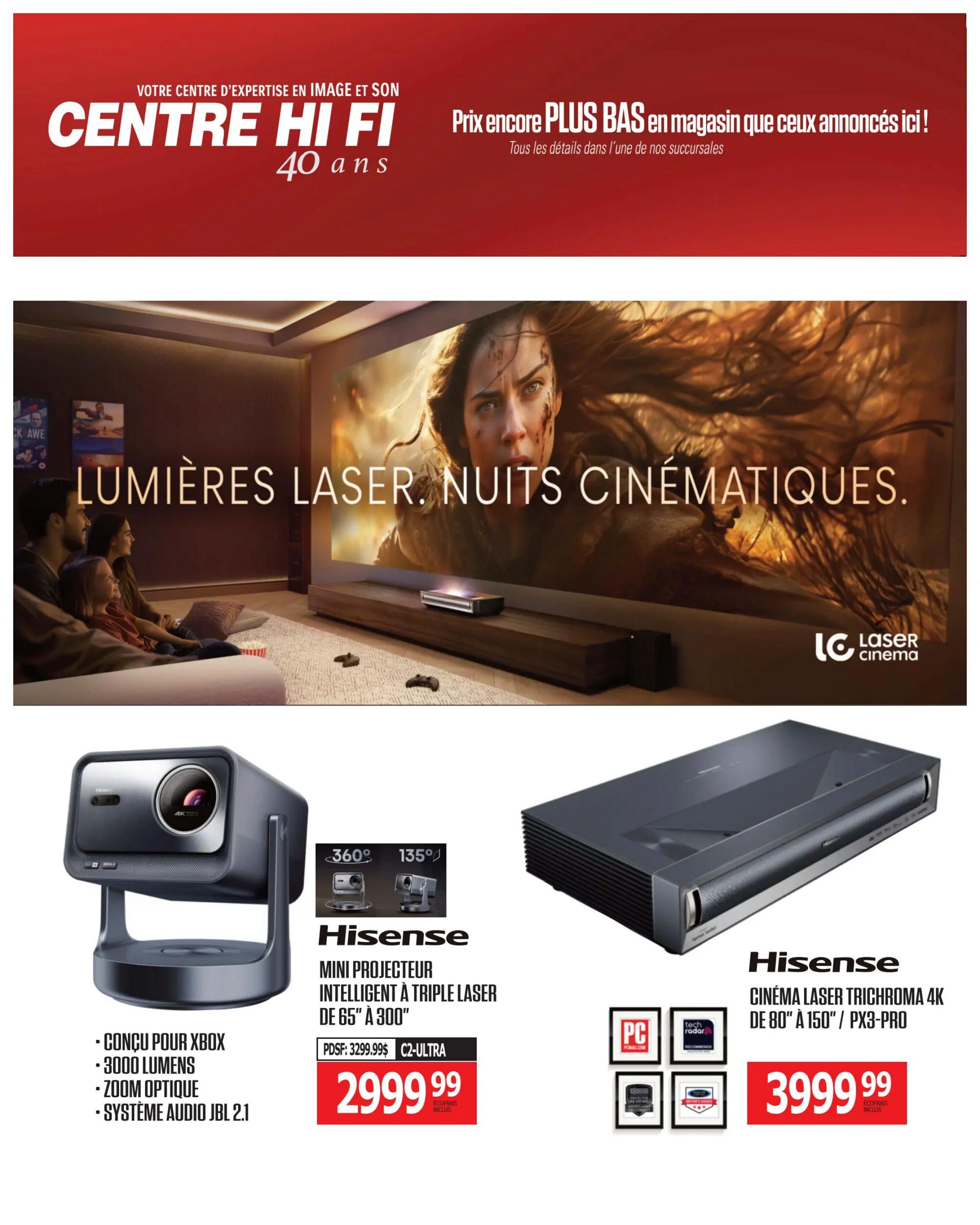Centre Hi-Fi weekly flyer specials page 18 features 'Laser Cinema' with 'Laser. Cinematic Nights.' imagery. Below, a Hisense Mini Intelligent Triple Laser Projector for 65' to 300' screens is priced at $2999.99, down from $3299.99, and includes eco-fees. It is designed for Xbox, has 3000 lumens, optical zoom, and a JBL 2.1 audio system. Also featured is the Hisense Laser Trichroma 4K Cinema for 80' to 150' screens / PX3-PRO, priced at $3999.99, including eco-fees. The flyer highlights 'Prices even lower in store than advertised here!