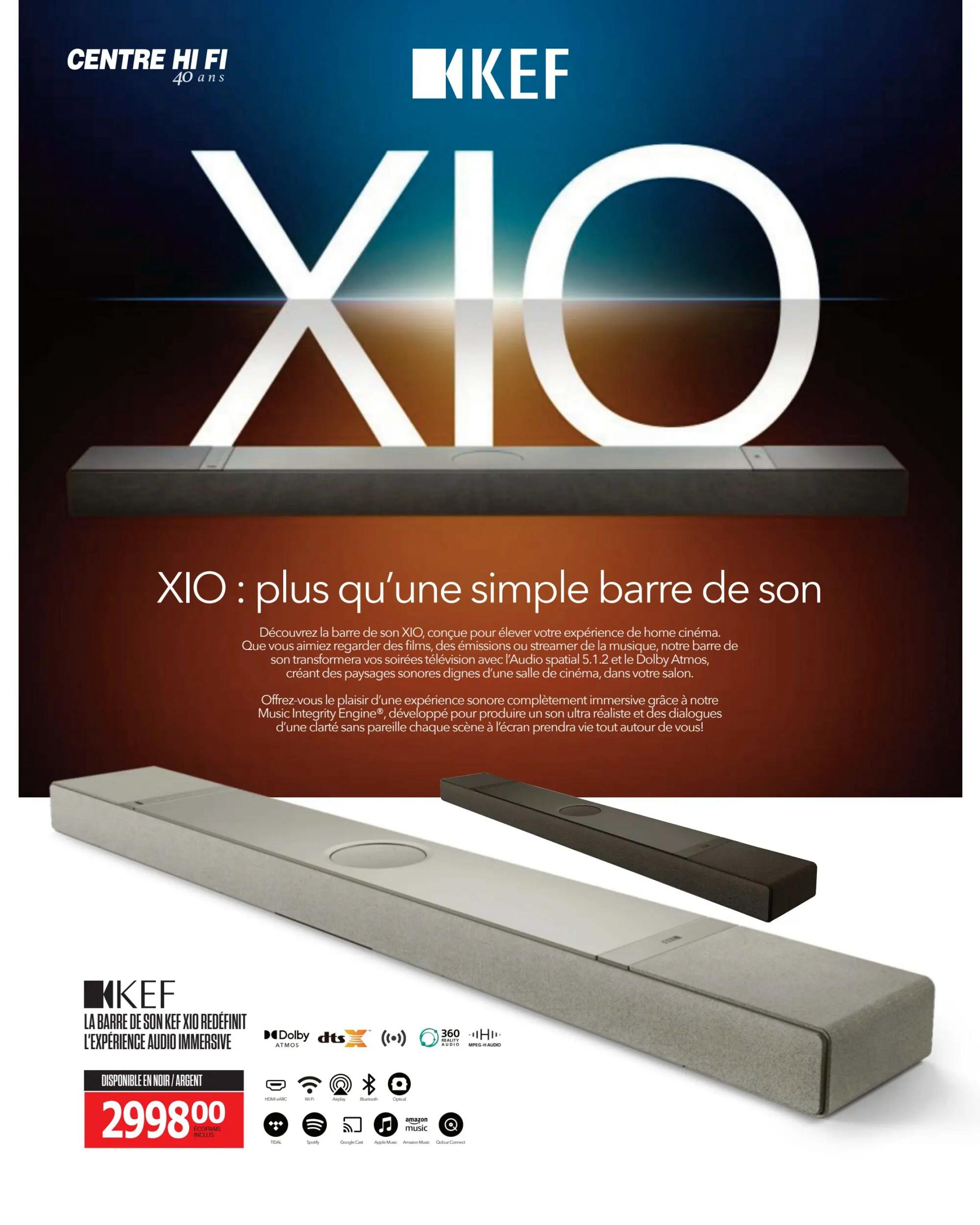 Centre Hi-Fi flyer, page 23. Features the KEF XQ soundbar, described as more than just a simple soundbar, designed to elevate your home cinema experience. It supports spatial audio 5.1.2 and Dolby Atmos for immersive soundscapes. The soundbar is available in black or silver for $2998.00, with eco-fees included. It supports various technologies including HDMI eARC, Wi-Fi, Airplay, Bluetooth, Optical, Google Cast, Apple Music, Amazon Music, Qobuz Connect, Tidal, Spotify, DTS:X, Dolby Atmos, 360 Reality Audio, and MPEG-H Audio.