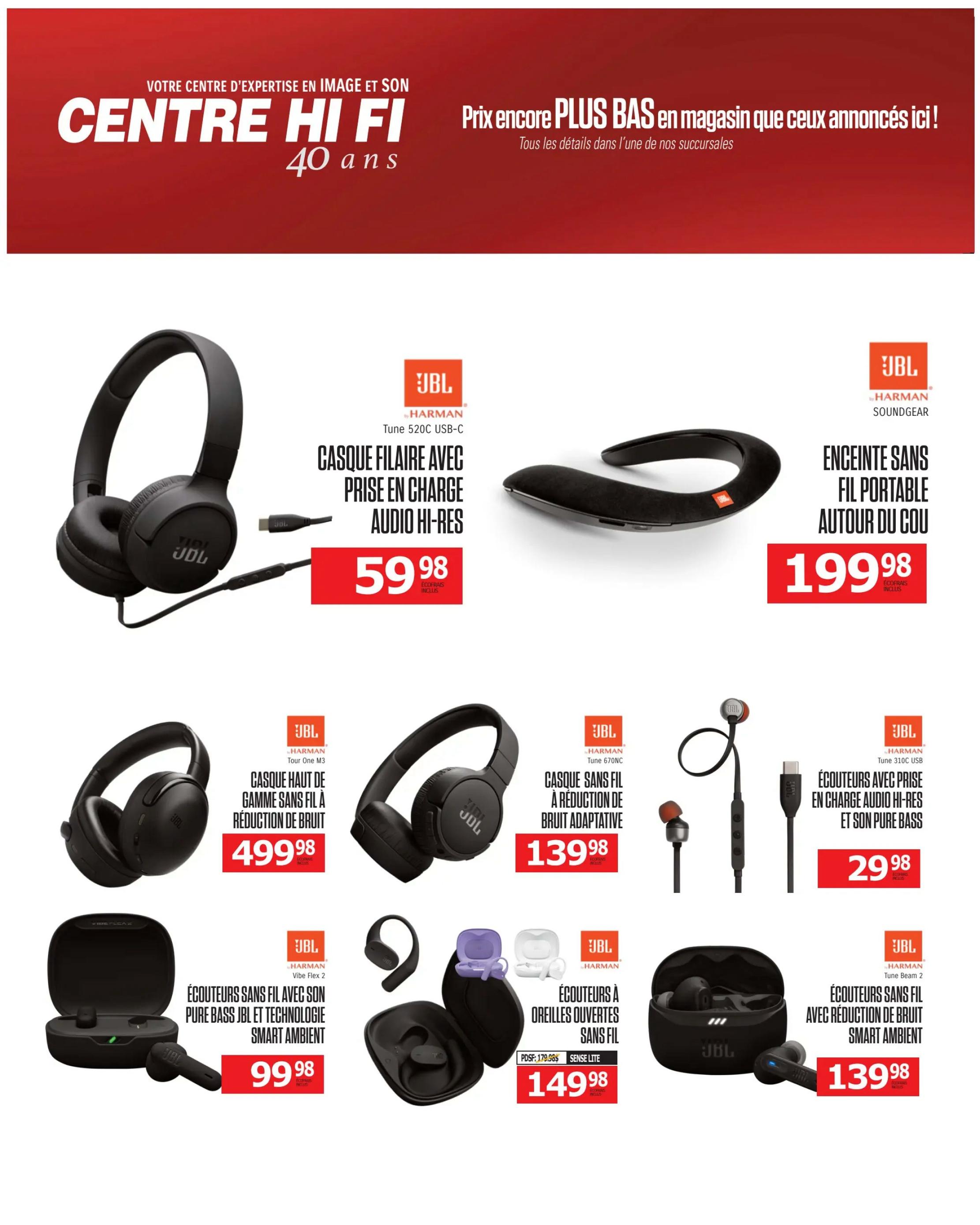 Centre Hi-Fi weekly flyer specials, page 27. Features JBL audio products including the JBL Tune 520C USB-C wired headphones with Hi-Res audio and charging for $59.98. Also available is the JBL Soundgear portable wireless neck speaker for $199.98. The JBL Tour One M3 high-end wireless headphones with noise reduction are priced at $499.98. The JBL Tune 670NC adaptive noise-cancelling wireless headphones are $139.98. JBL Tune 310C USB wired earphones with Hi-Res audio and Pure Bass sound are $29.98. JBL Vibe Flex 2 true wireless earbuds with Pure Bass sound and Smart Ambient technology are $99.98. The Sense Lite open-ear true wireless earbuds are on sale for $149.98, down from $179.98. Finally, JBL Tune Beam 2 true wireless earbuds with noise reduction and Smart Ambient are $139.98.