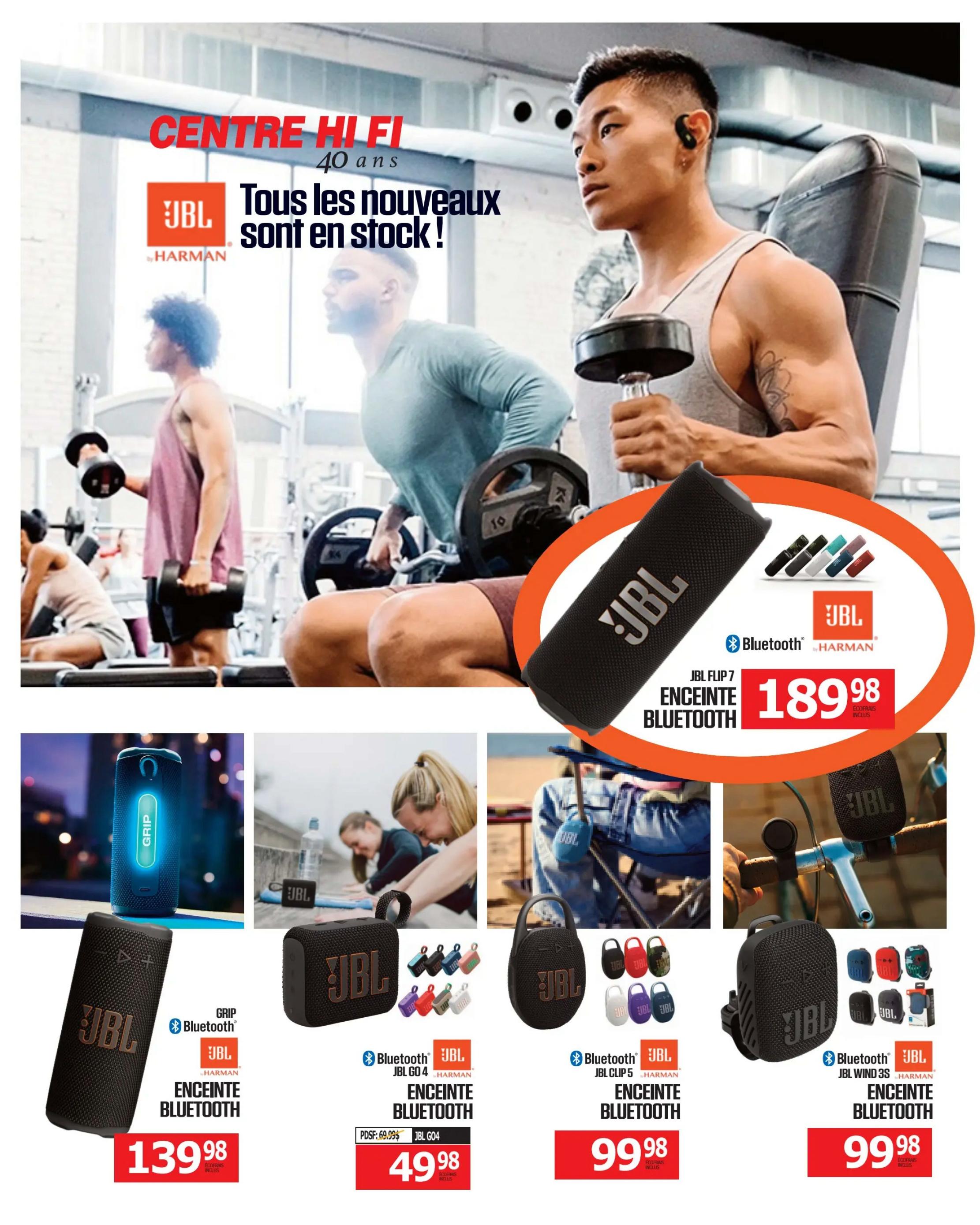 Centre Hi-Fi weekly flyer specials page 33 features a variety of JBL Bluetooth speakers. The JBL Flip 7 Bluetooth speaker is priced at $189.98. Also featured is the JBL GRIP Bluetooth speaker for $139.98. The JBL GO 4 Bluetooth speaker is on sale for $49.98, down from $69.99. The JBL CLIP 5 Bluetooth speaker is available for $99.98, and the JBL WIND 3S Bluetooth speaker is also $99.98. The page highlights JBL's 40 years of innovation with new products in stock.