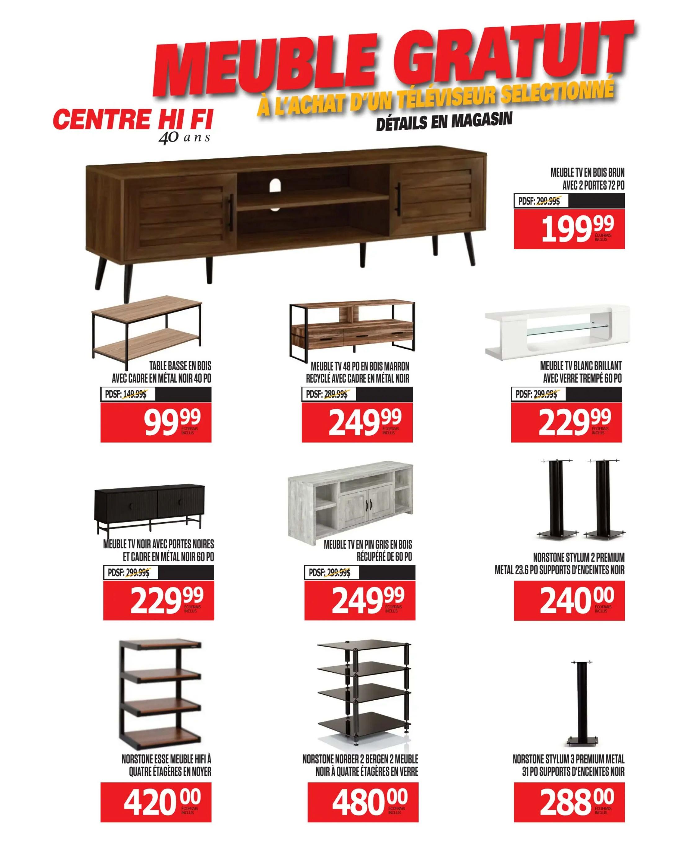Centre Hi-Fi weekly flyer specials, page 36. Features a large 'FREE FURNITURE WITH PURCHASE OF A SELECTED TELEVISION' banner. Offers include a 72-inch brown wood TV stand with 2 doors for $199.99 (PDSF $299.99), a 40-inch wood coffee table with black metal frame for $99.99 (PDSF $149.99), a 48-inch recycled brown wood TV stand with black metal frame for $249.99 (PDSF $289.99), and a 60-inch glossy white TV stand with tempered glass for $229.99 (PDSF $299.99). Also available is a 60-inch black wood TV stand with black metal frame for $229.99 (PDSF $299.99), a 60-inch grey reclaimed wood TV stand for $249.99 (PDSF $299.99), Norstone Stylum 2 Premium Metal 23.6-inch black speaker stands for $240.00, Norstone Esse Hi-Fi furniture with four walnut shelves for $420.00, Norstone Norber 2 Bergen 2 black glass four-shelf unit for $480.00, and Norstone Stylum 3 Premium Metal 31-inch black speaker stands for $288.00. All prices include eco-fees where indicated fees.