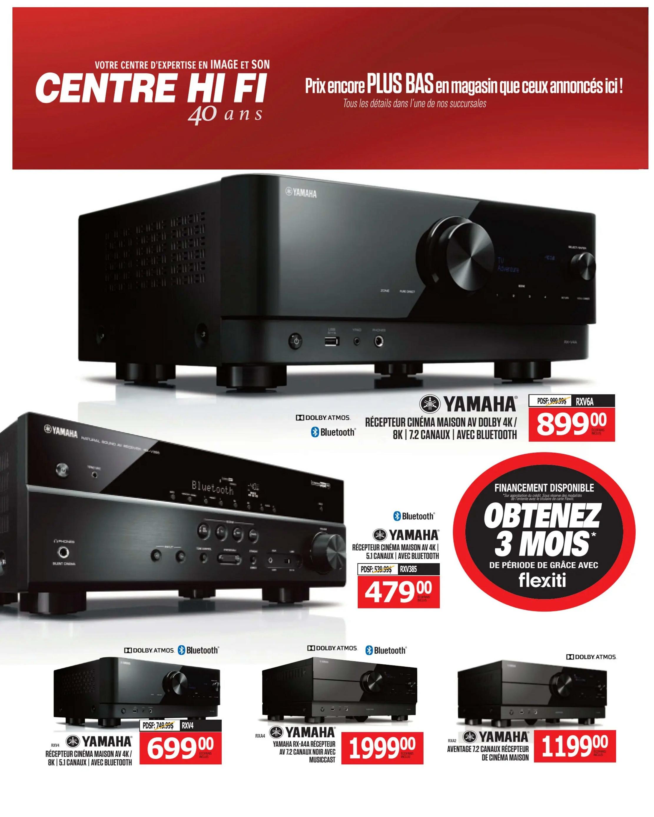 Centre Hi-Fi weekly flyer specials page 53 features Yamaha audio equipment. The top featured item is a Yamaha RXV6A AV receiver with Dolby Atmos and Bluetooth, priced at $899.00. Below, a Yamaha RXV385 AV receiver with Dolby Atmos and Bluetooth is available for $479.00. Also shown is a Yamaha RXV4 AV receiver with Dolby Atmos and Bluetooth for $699.00. Another Yamaha model, the RX-A4A receiver with Dolby Atmos and MusicCast, is priced at $1999.00. Finally, a Yamaha Aventage 7.2 channel home theatre receiver is listed for $1199.00. The flyer also promotes a financing offer: 'Get 3 months free' with Flexiti, subject to credit approval and terms. The store highlights 'Prices even LOWER in store than those advertised here!