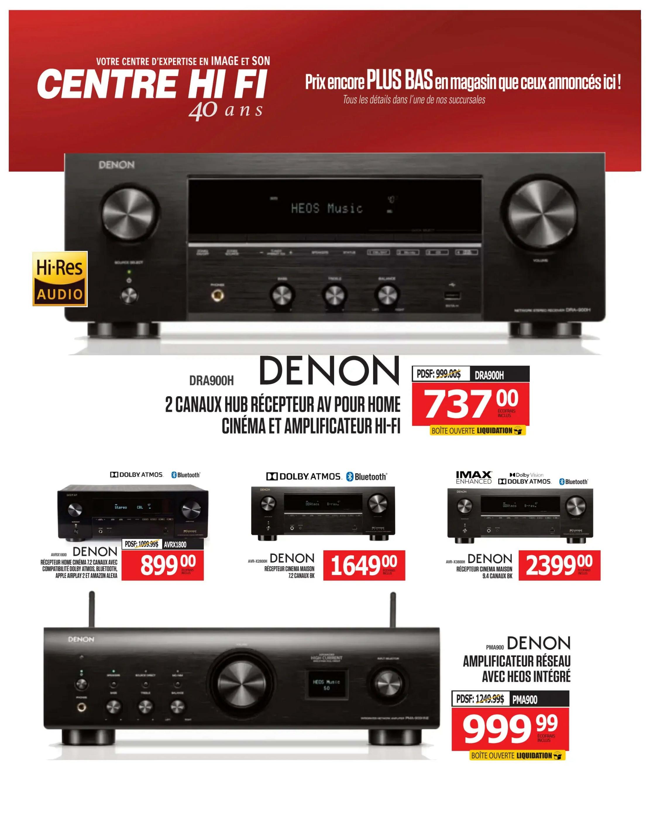 Centre Hi-Fi weekly flyer specials, page 54. Features Denon DRA900H 2-channel AV receiver for home cinema and Hi-Fi amplification, originally $999.00, now $737.00. Also available is the Denon AVRX1800 7.2 channel home cinema receiver with Dolby Atmos, Bluetooth, Apple AirPlay 2, and Amazon Alexa compatibility, priced at $899.00. Another featured item is the Denon AVR-X2800H 9.4 channel 8K home cinema receiver for $1649.00. Finally, the Denon PMA900 network amplifier with integrated HEOS is on sale for $999.99, down from $1249.99. All prices include eco-fees and some items are liquidation box open specials.