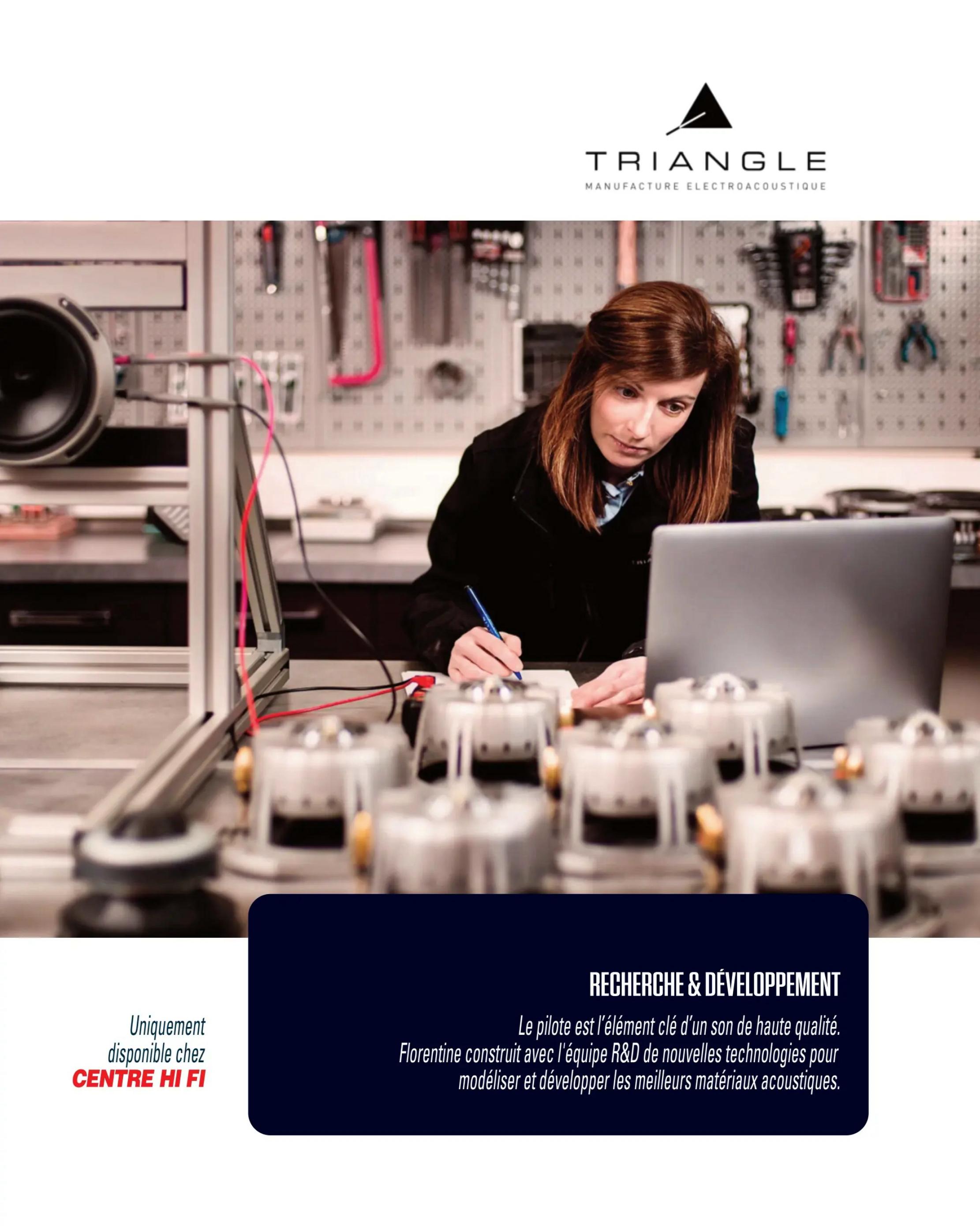 Centre Hi-Fi weekly flyer specials, page 57. Features a woman working in a research and development lab, focusing on high-quality sound. The text 'Uniquement disponible chez CENTRE HI FI' translates to 'Exclusively available at CENTRE HI FI'. The 'RECHERCHE & DÉVELOPPEMENT' section, translating to 'RESEARCH & DEVELOPMENT', highlights that the pilot is the key element of high-quality sound, with Florentine building with the R&D team new technologies to model and develop the best acoustic materials.