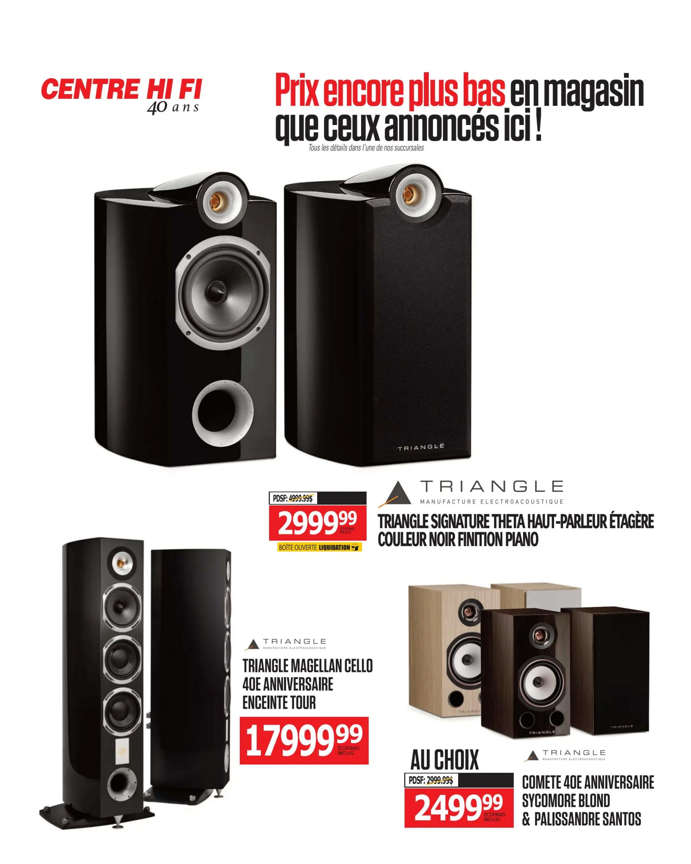 Centre Hi-Fi weekly flyer specials, page 59. Features Triangle brand audio equipment. On the left, the Triangle Magellan Cello 40th Anniversary Tower Speaker is priced at $1799.99, including eco-fees. In the centre, the Triangle Signature Theta bookshelf speaker in piano black finish is on sale for $2999.99, marked as open box liquidation and includes eco-fees. The original price was $4999.99. On the right, choose from Triangle Comete 40th Anniversary speakers in Sycamore Blond or Palisandre Santos finishes, priced at $249.99 each. The original price was $2999.99.