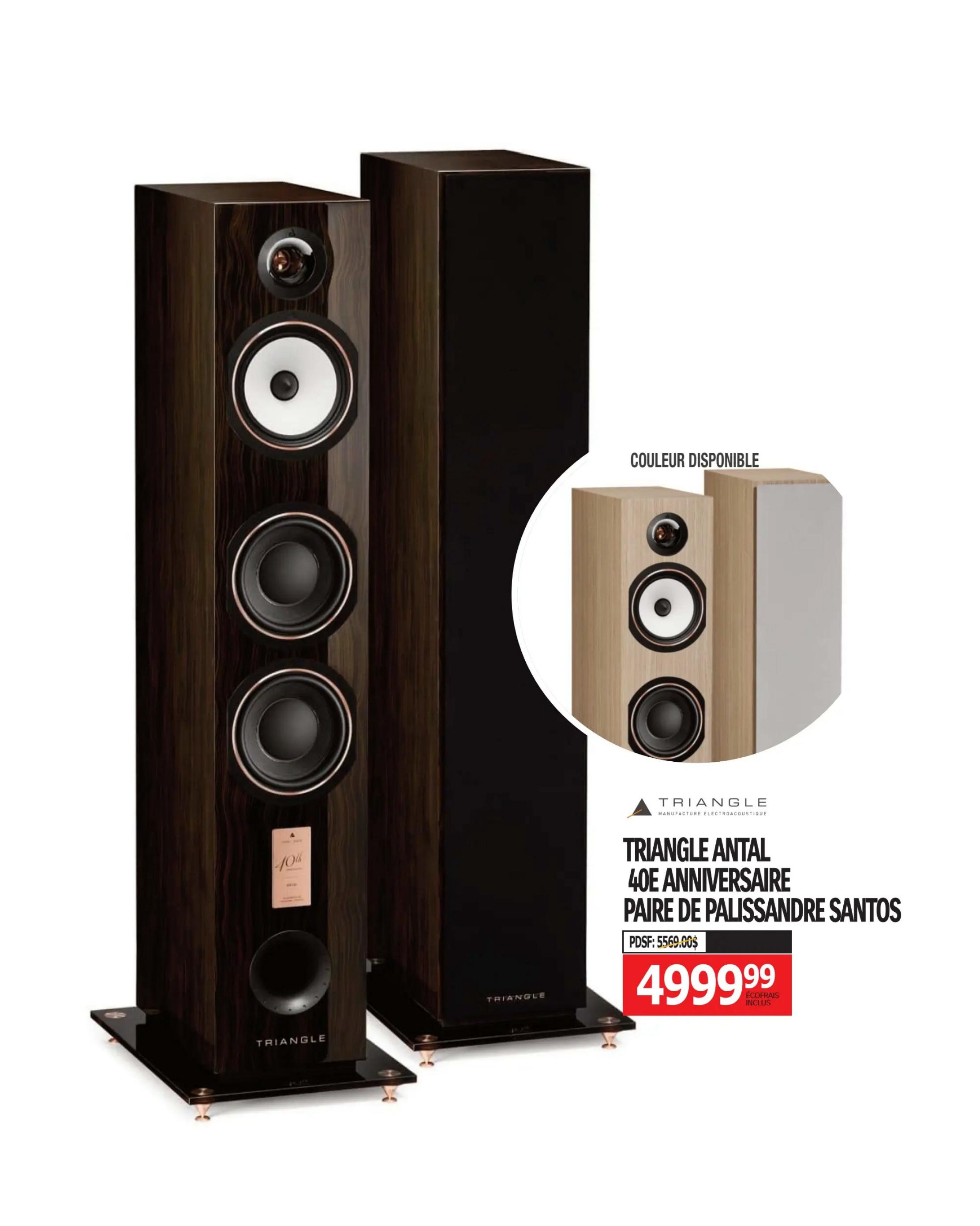 Centre Hi-Fi weekly flyer specials, page 60. Features the Triangle Antal 40th Anniversary pair of Palissandre Santos speakers. The original price was $5569.00, now on sale for $4999.99 with eco-fees included. A smaller image shows an available colour option for the speakers.
