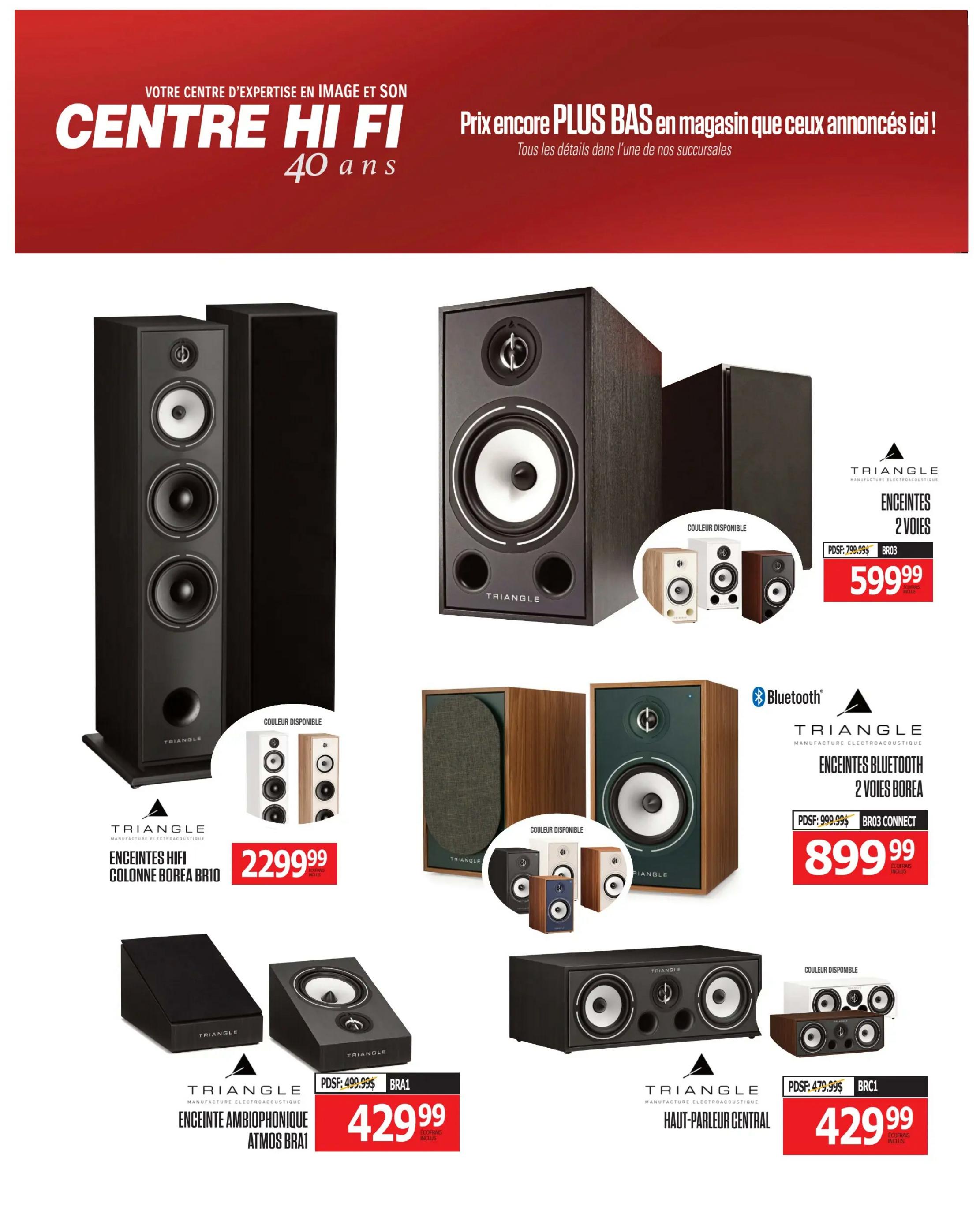 Centre Hi-Fi weekly flyer specials page 61 features Triangle brand audio equipment. Displayed are the Triangle Hi-Fi Borea BR10 column speakers, available in black, for $2299.99. Also featured are Triangle 2-way Borea Bluetooth speakers, available in multiple colours, priced at $599.99, down from $799.99. Additionally, the Triangle Atmos BRA1 ambient speaker is shown for $429.99, reduced from $499.99. Finally, the Triangle BRC1 central speaker is available for $429.99, down from $479.99.