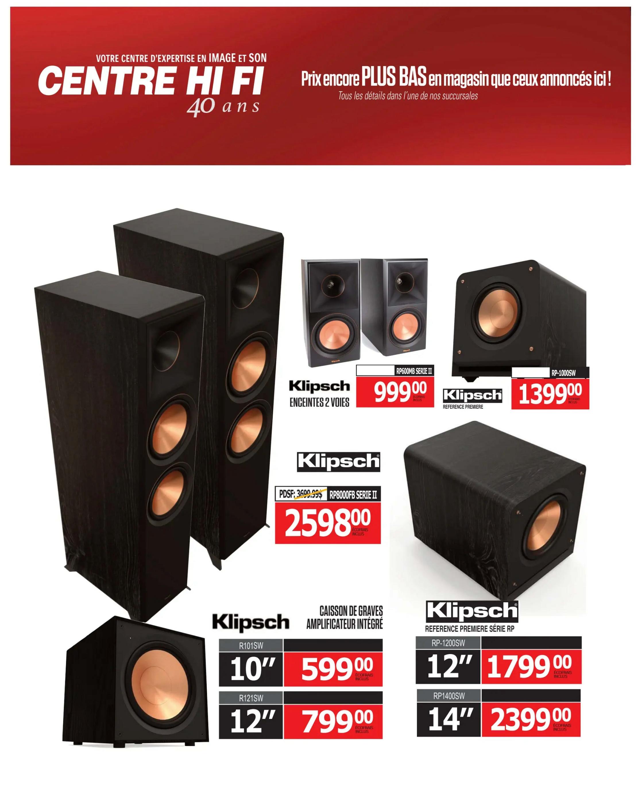 Centre Hi-Fi weekly flyer specials page 64 features Klipsch audio equipment. On display are Klipsch RP600MB Serie II 2-way speakers for $999.00. Also featured is the Klipsch RP-1000SW subwoofer for $1399.00. A Klipsch RP8000FB Serie II speaker is shown with a previous price of $3699.99 and a sale price of $2598.00. Additionally, Klipsch R101SW integrated amplifier subwoofers are available for $599.00, and R121SW subwoofers for $799.00. The Klipsch Reference Premiere Serie RP line includes the RP-1200SW subwoofer at $1799.00 and the RP-1400SW subwoofer at $2399.00. All prices include eco-fees.