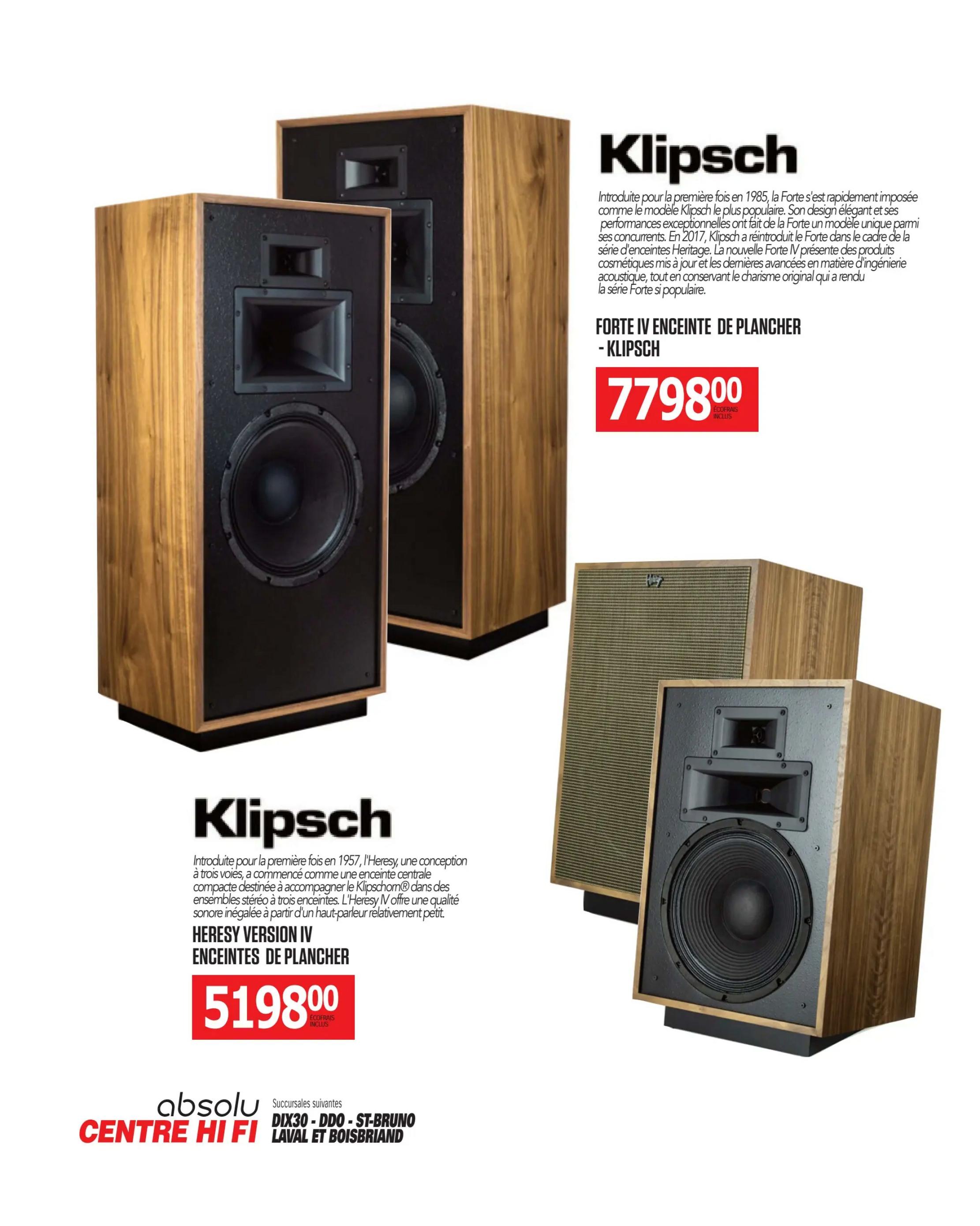 Centre Hi-Fi weekly flyer specials, page 65. Features Klipsch Forte IV floorstanding speakers for $779.00, with eco-fees included. Also features Klipsch Heresy Version IV floorstanding speakers for $519.00, with eco-fees included. The flyer also lists participating store locations: Dix30, St-Bruno, Laval, and Boisbriand.