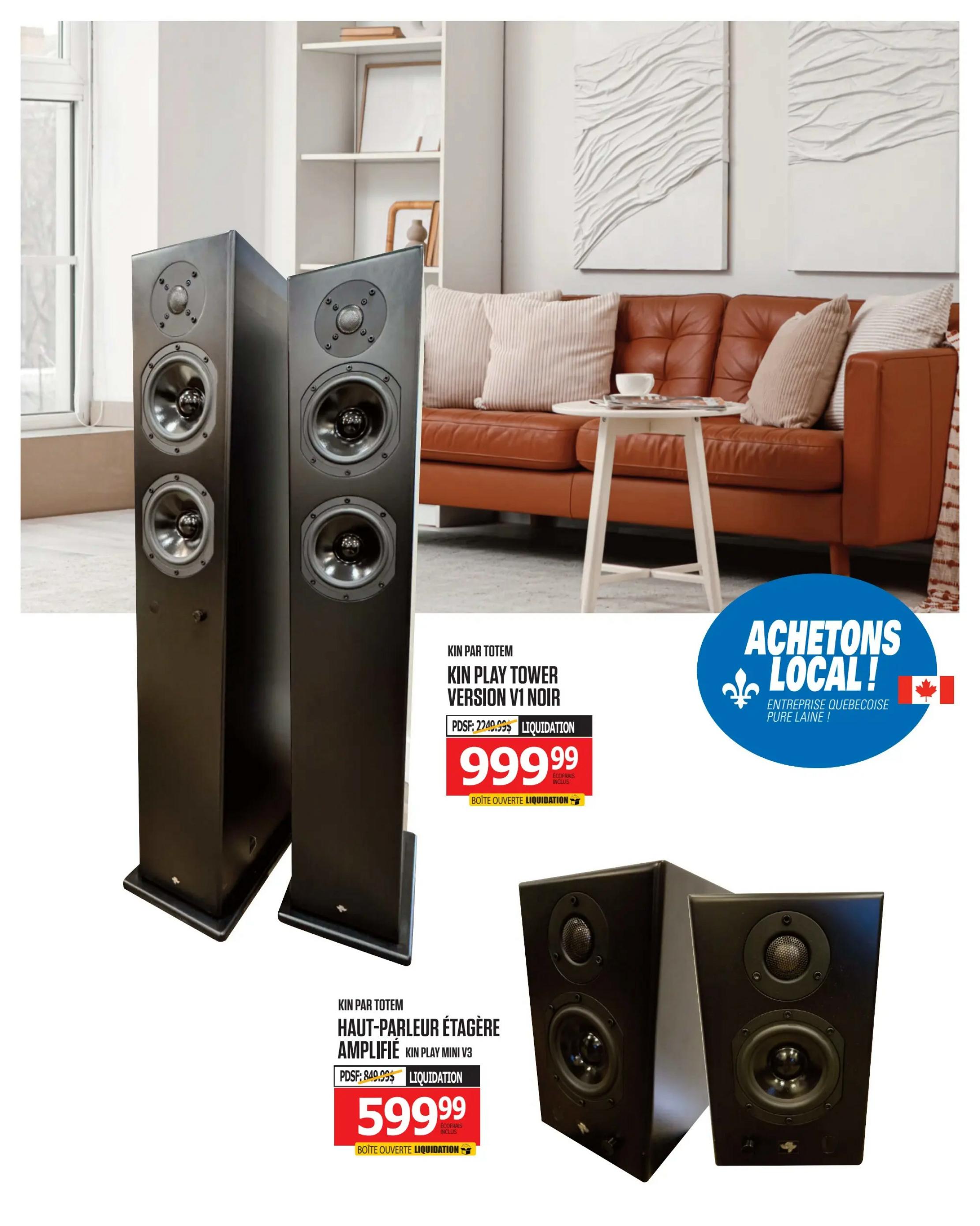 Centre Hi-Fi weekly flyer specials, page 66. Features Totem Kin Play Tower Version V1 Noir speakers, originally priced at $2249.99, now on liquidation for $999.99. Also features Totem Kin Play Mini V3 amplified bookshelf speakers, originally priced at $849.99, now on liquidation for $599.99. Both items include eco-fees and are open box liquidation items. A blue 'Achetons Local! Entreprise Quebecoise Pure Laine!' graphic with a fleur-de-lis and Canadian flag is also visible.