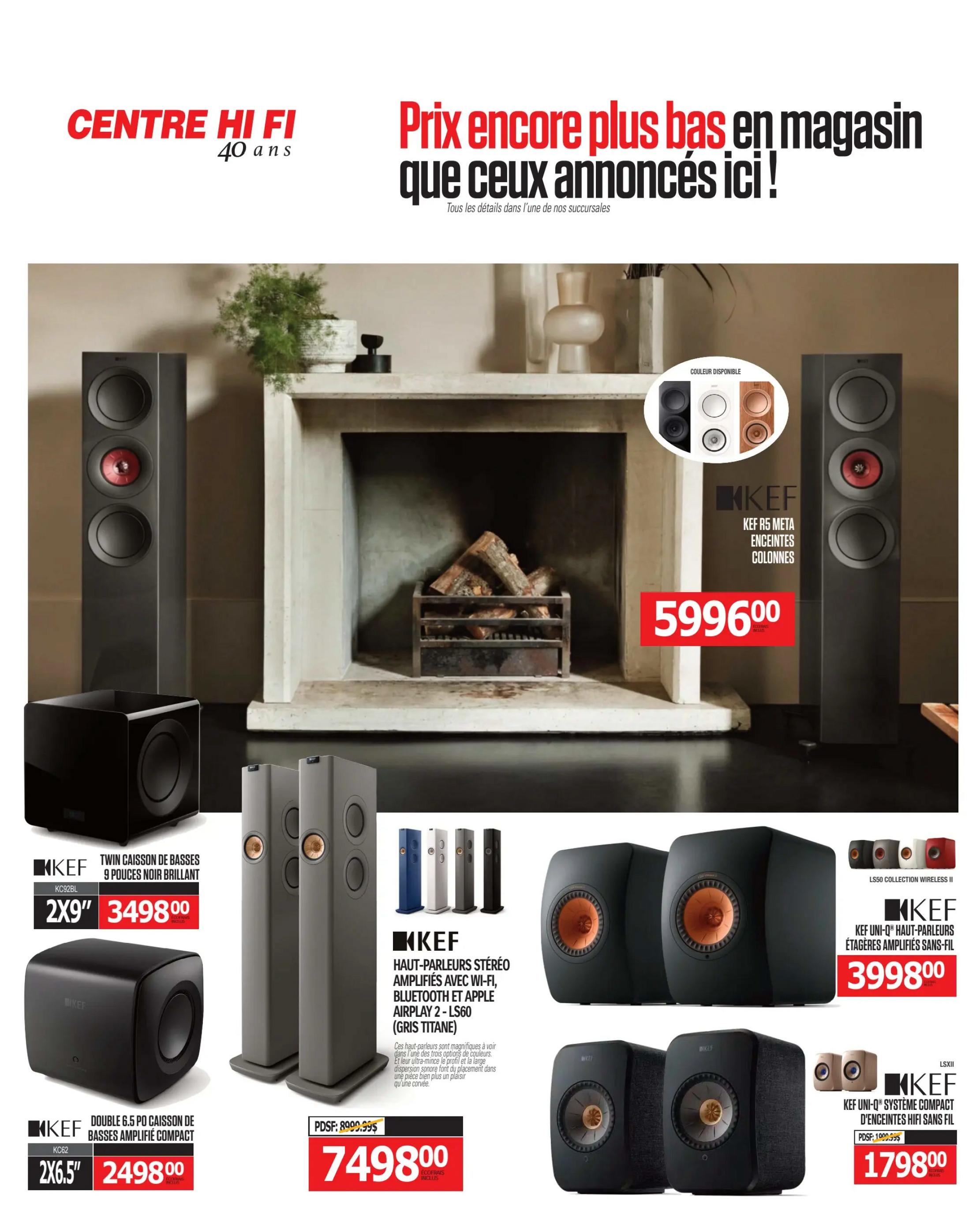 Centre Hi-Fi weekly flyer specials page 68 features KEF audio equipment. Highlighted are KEF R5 Meta floorstanding speakers for $5996.00, available in multiple colours. Also featured is the KEF KC92BL Twin 9-inch black gloss subwoofer for $3498.00, and the KEF KC62 Double 6.5-inch compact powered subwoofer for $2498.00. Additionally, KEF LS60 wireless stereo amplified speakers in titanium grey are priced at $7498.00. Other KEF products include KEF Uni-Q bookshelf speakers for $3998.00 and KEF Uni-Q LSXII compact wireless speakers for $1798.00.