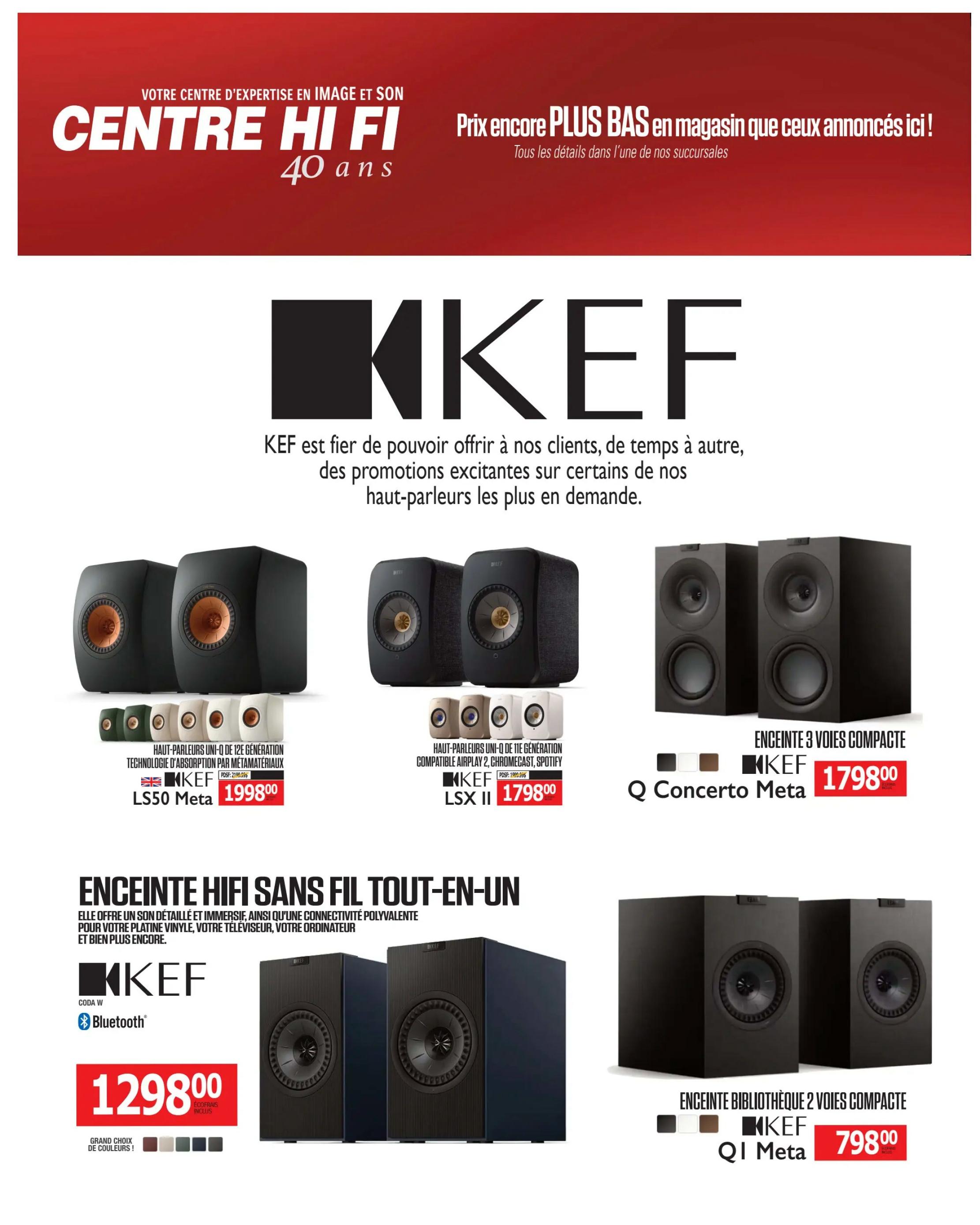 Centre Hi-Fi weekly flyer specials, page 70. Featuring KEF speakers with promotions. The KEF LS50 Meta speakers are priced at $1998.00. The KEF LSX II speakers are available for $1798.00. Also featured are KEF Q Concerto Meta 3-way compact speakers for $1798.00 and KEF Q1 Meta 2-way compact bookshelf speakers for $798.00. An all-in-one Hi-Fi speaker, the KEF CODA W with Bluetooth, is offered at $1298.00 with eco-fees included and available in a wide choice of colours.