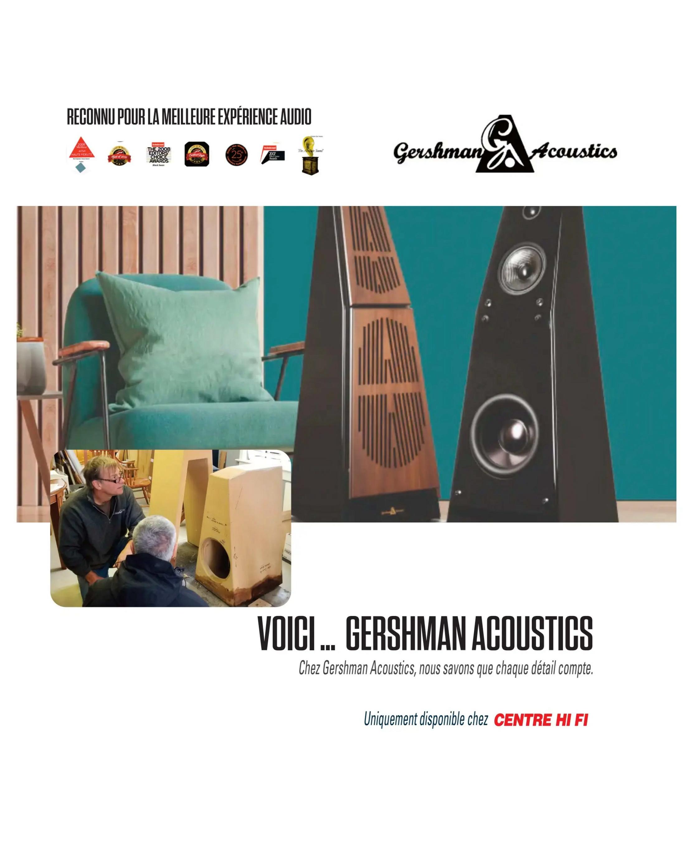 Centre Hi-Fi weekly flyer specials page 73. Features Gershman Acoustics, recognized for the best audio experience. Showcases a stylish teal armchair with a green cushion next to two striking Gershman Acoustics speakers. A close-up inset image shows two men working on audio equipment, possibly building or repairing speakers. The text 'VOICI ... GERSHMAN ACOUSTICS' is prominently displayed, followed by 'At Gershman Acoustics, we know every detail counts.' and 'Exclusively available at CENTRE HI FI.