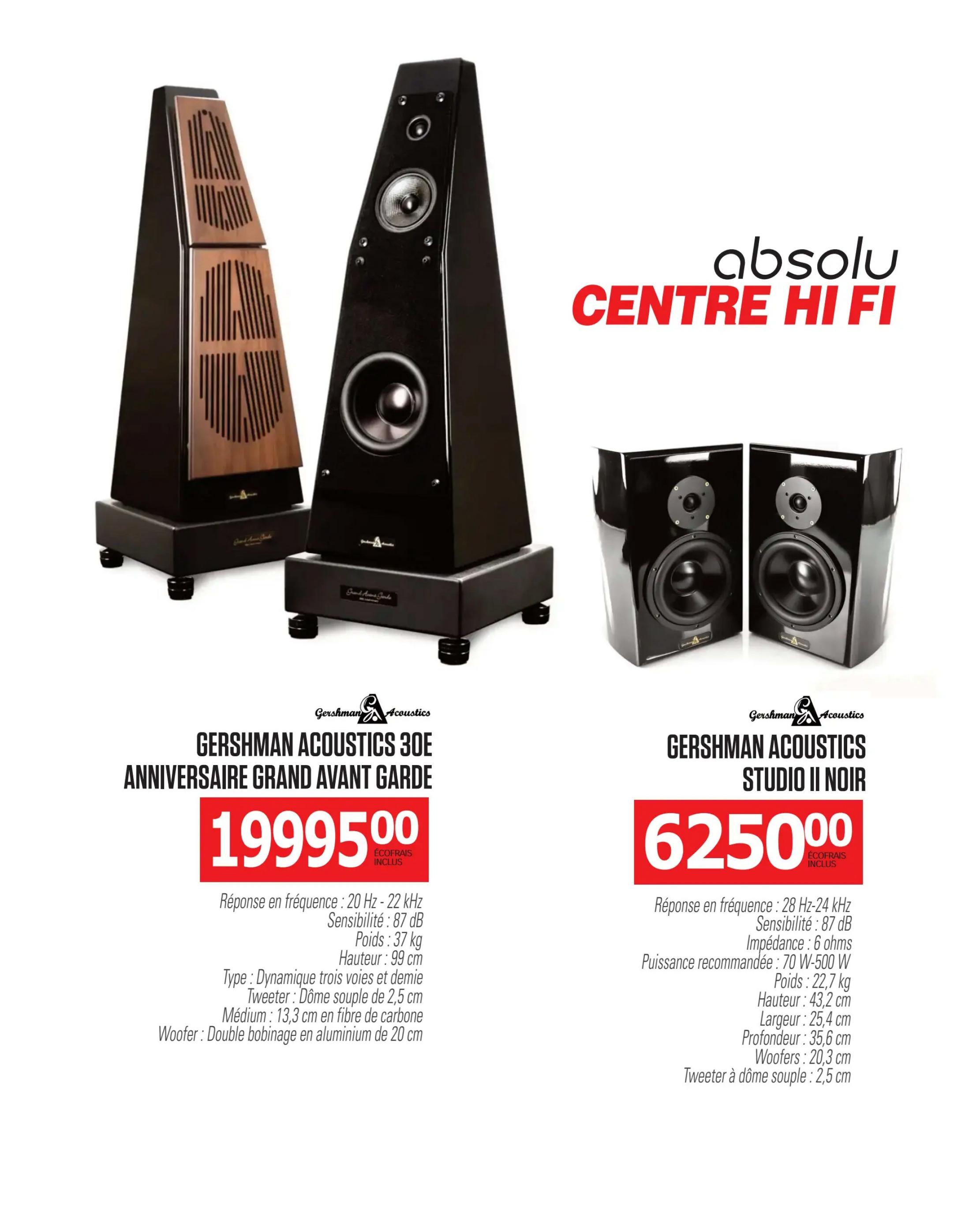 Centre Hi-Fi weekly flyer specials page 74 features high-fidelity audio equipment. On the left, the Gershman Acoustics 30E 'Grand Avant Garde' speakers are displayed, priced at $1999.00, with included eco-fees. Specifications include a frequency response of 20 Hz - 22 kHz, sensitivity of 87 dB, weight of 37 kg, height of 99 cm, and a 3.5-way dynamic design with a 2.5 cm soft dome tweeter, 13.3 cm carbon fibre midrange, and a 20 cm aluminium double voice coil woofer. On the right, the Gershman Acoustics Studio II Noir speakers are shown, priced at $6250.00, also with included eco-fees. Their specifications list a frequency response of 28 Hz-24 kHz, sensitivity of 87 dB, impedance of 6 ohms, recommended power of 70 W-500 W, weight of 22.7 kg, height of 43.2 cm, width of 25.4 cm, depth of 35.6 cm, 20.3 cm woofers, and a 2.5 cm soft dome tweeter.
