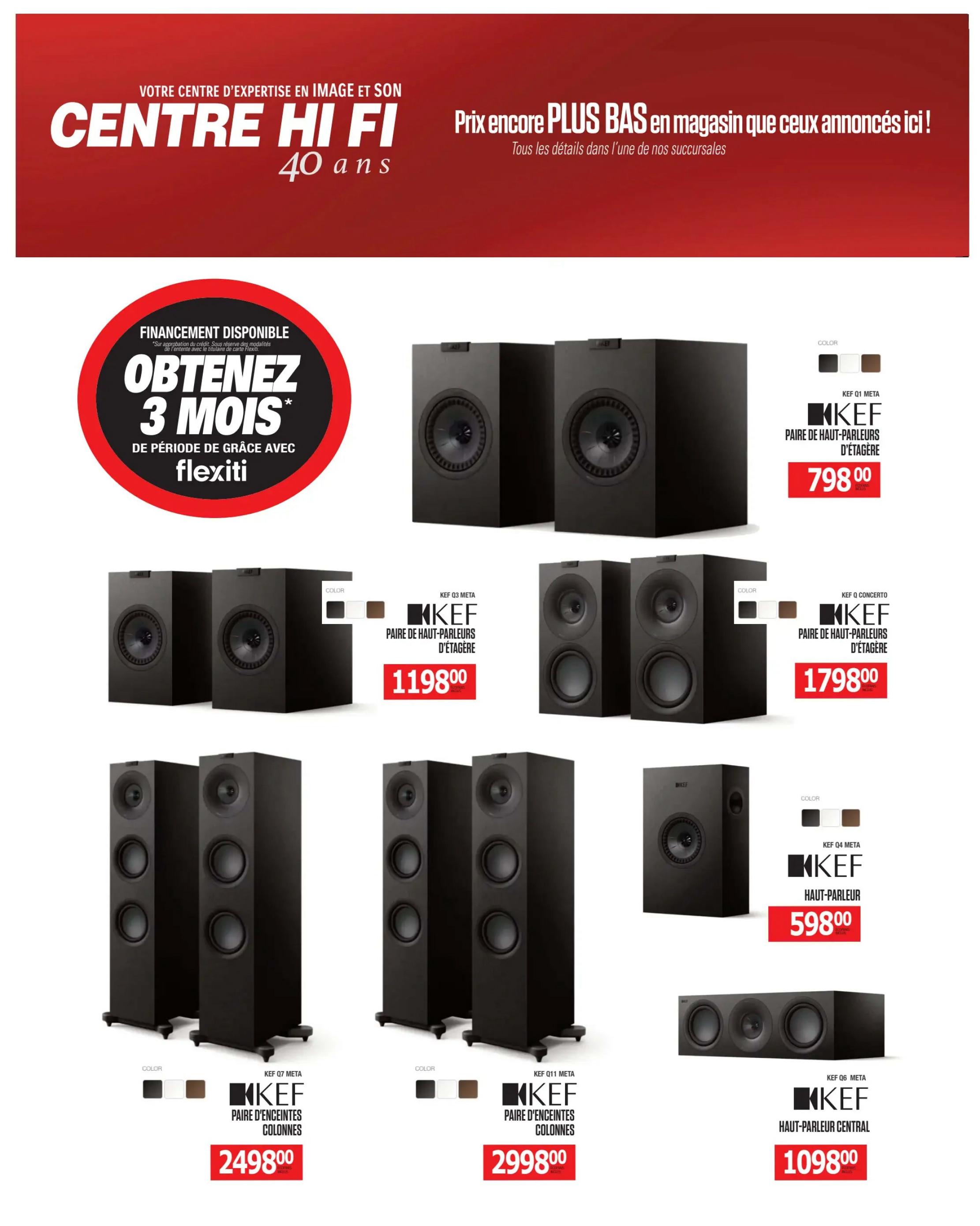 Centre Hi-Fi weekly flyer specials, page 75. Featuring KEF speakers with financing available: Get 3 months interest-free with Flexiti. Products include KEF Q3 Meta bookshelf speakers for $798.00, KEF Q1 Meta bookshelf speakers for $1198.00, KEF Q2 Meta bookshelf speakers for $1798.00, KEF Q4 Meta speaker for $598.00, KEF Q7 Meta floorstanding speakers for $2498.00, KEF Q11 Meta floorstanding speakers for $2998.00, and KEF Q6 Meta centre speaker for $1098.00. Available colours include black, white, and walnut.