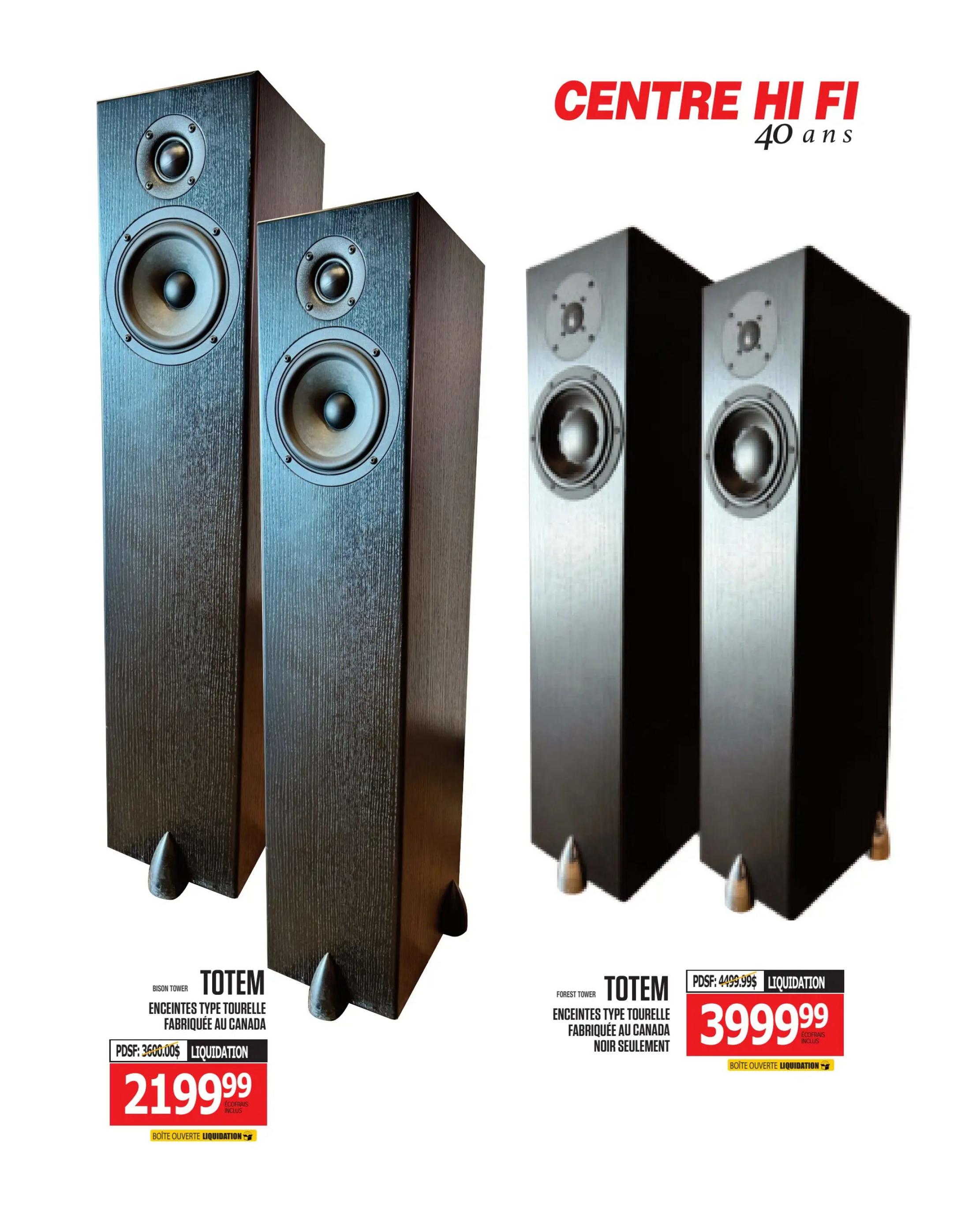 Centre Hi-Fi weekly flyer specials page 77 features Totem Bison Tower loudspeakers, made in Canada, on liquidation for $2199.99, originally $3600.00. Also featured are Totem Forest Tower loudspeakers, made in Canada in black, on liquidation for $3999.99, originally $4499.99. Both items are marked as 'Boîte Ouverte Liquidation' (Open Box Liquidation).