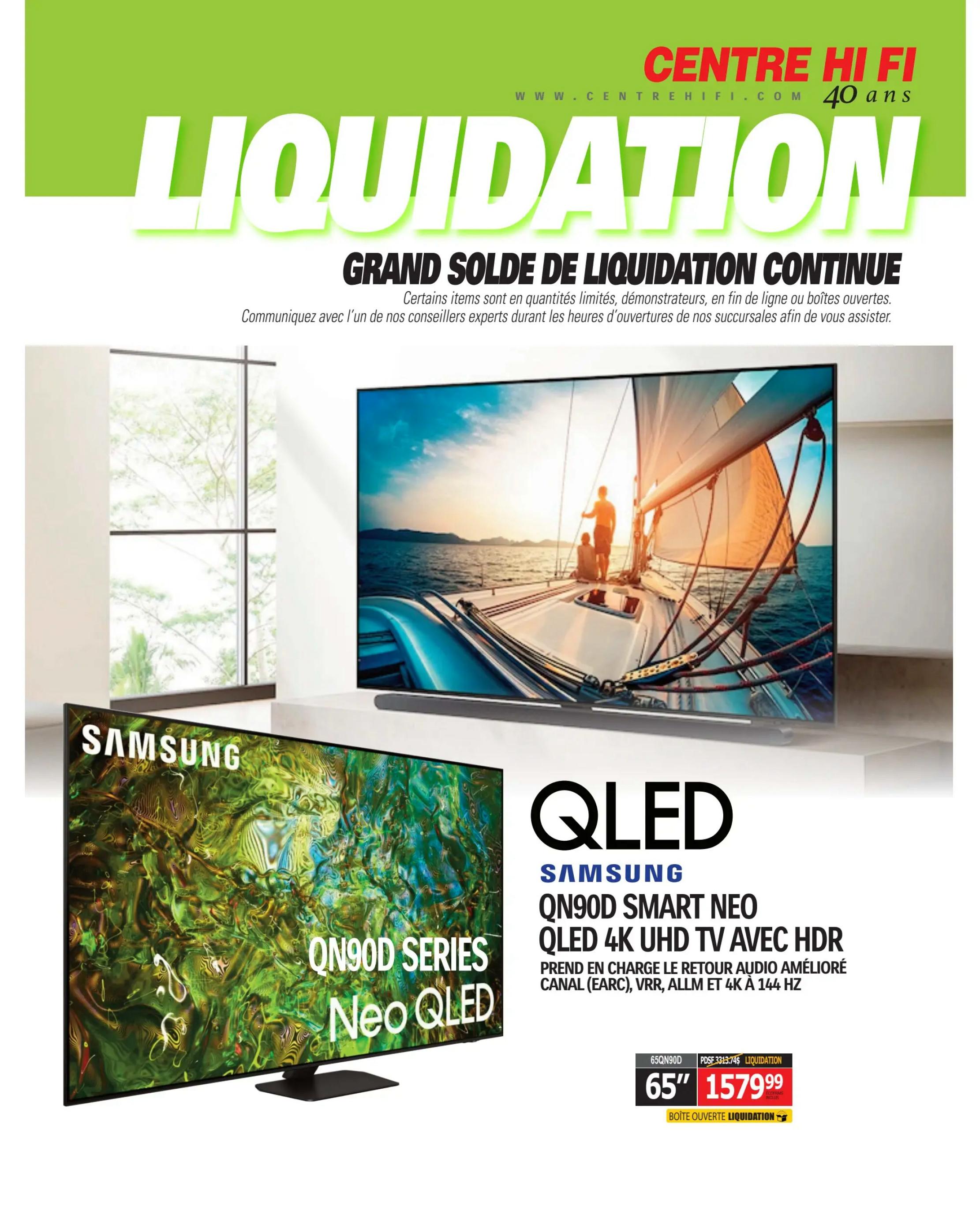 Centre Hi-Fi weekly flyer, page 84. Features a liquidation sale with the headline 'LIQUIDATION'. Highlights a Samsung QN90D Neo QLED 4K UHD Smart TV with HDR, supporting enhanced audio return channel (eARC), VRR, ALLM, and 4K at 144 Hz. The 65-inch TV is priced at $1579.99, down from $3313.74, and is marked as a liquidation item in an open box. The page also shows a large image of a television displaying a sailboat scene.