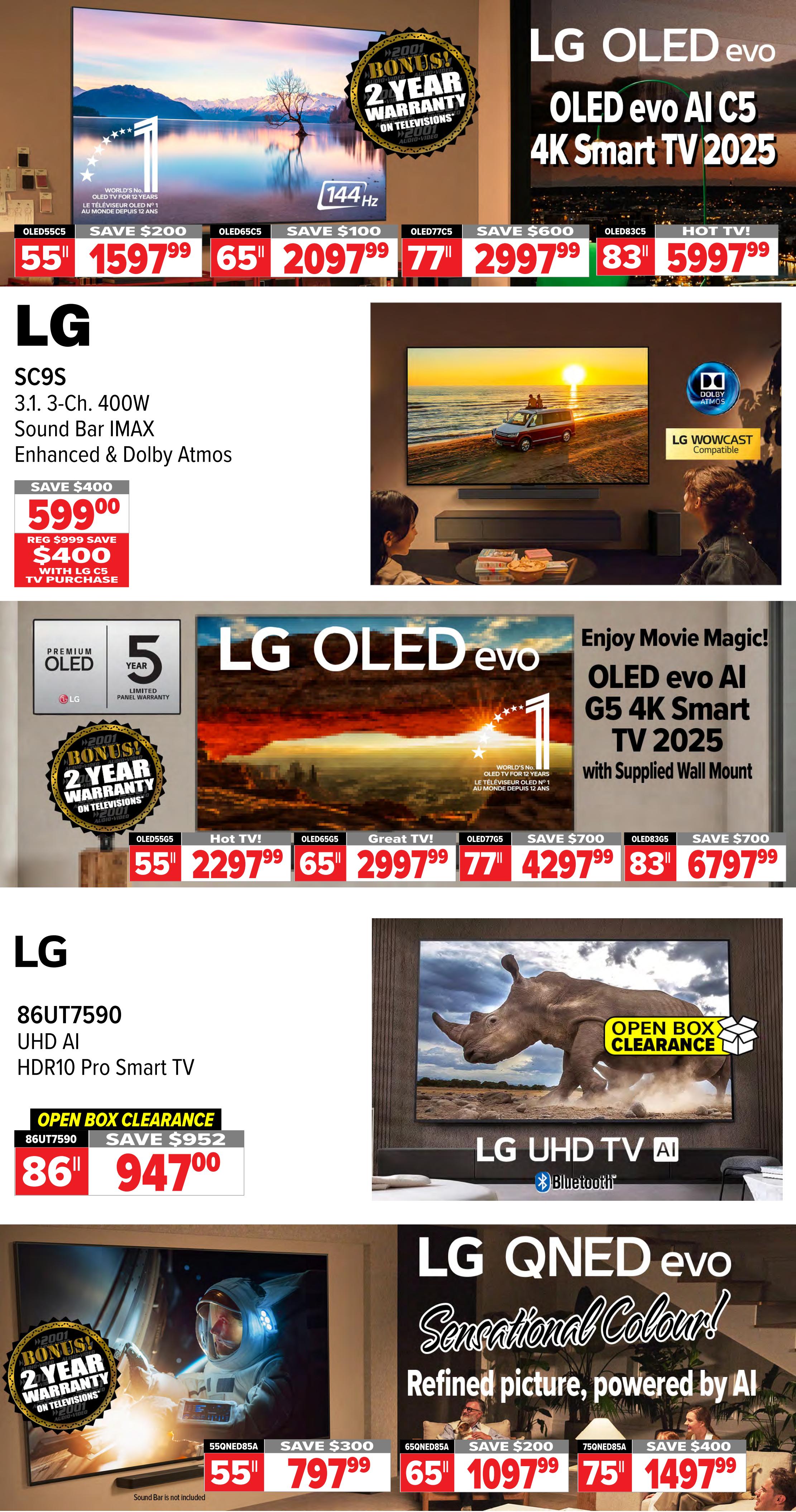 2001 Audio Video weekly flyer specials page 8 features LG OLED evo AI C5 4K Smart TVs in 55-inch for $1597.99 (save $200), 65-inch for $2097.99 (save $100), 77-inch for $2997.99 (save $600), and 83-inch for $5997.99. Also available are LG OLED evo AI G5 4K Smart TVs with supplied wall mount: 55-inch for $2297.99, 65-inch for $2997.99, 77-inch for $4297.99 (save $700), and 83-inch for $6797.99 (save $700). The LG SC9S 3.1-channel 400W Sound Bar IMAX Enhanced & Dolby Atmos is on sale for $599.00, with a $400 saving when purchased with an LG C5 TV. An LG 86UT7590 UHD AI HDR10 Pro Smart TV is available as an open box clearance item for $947.00 (save $952). Additionally, LG QNED evo TVs are featured: 55-inch 55QNED85A for $797.99 (save $300), 65-inch 65QNED85A for $1097.99 (save $200), and 75-inch 75QNED85A for $1497.99 (save $400). All televisions come with a bonus 2-year warranty.