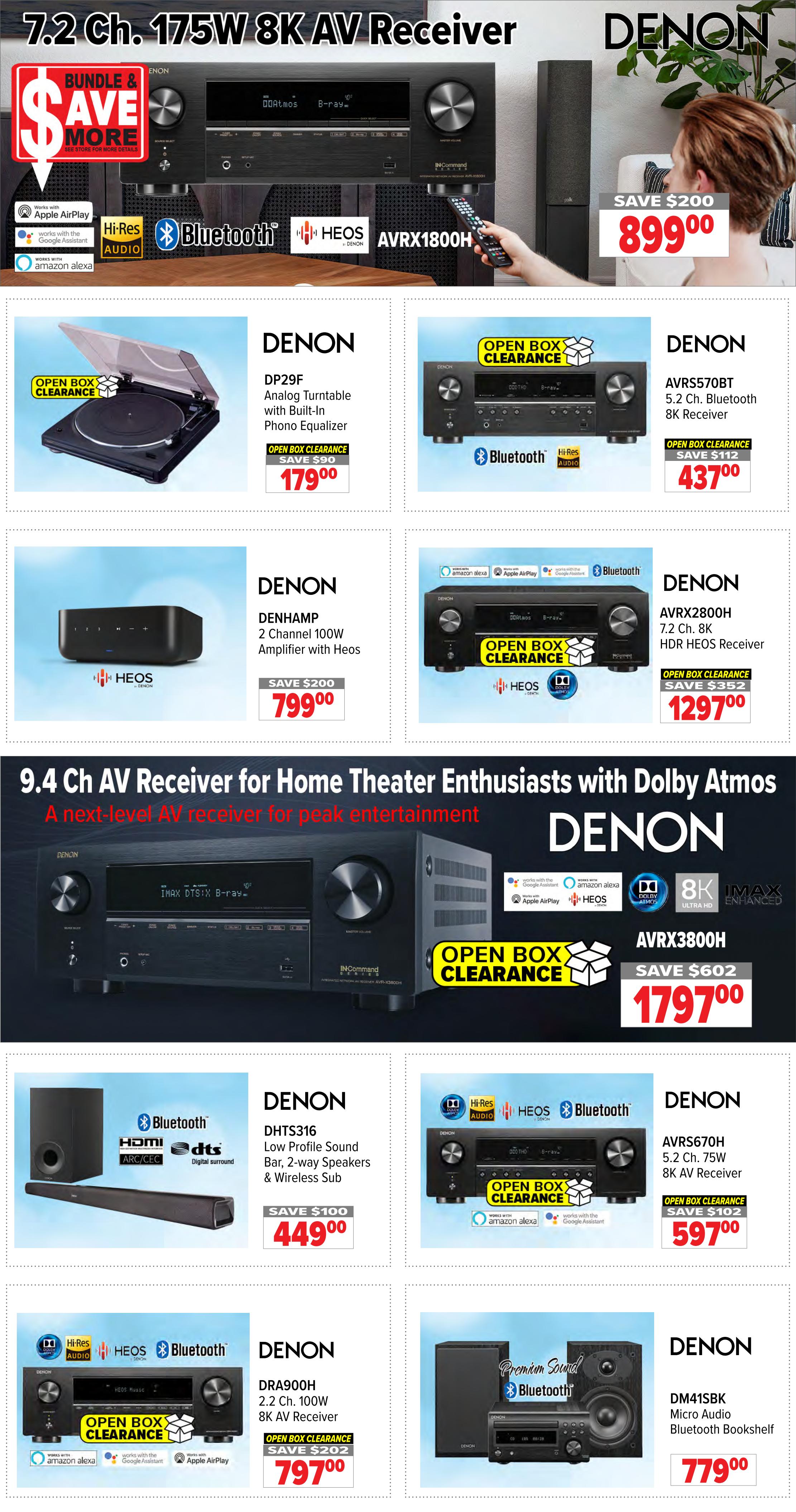 2001 Audio Video weekly flyer specials page 10 features Denon AV receivers and audio equipment. The top banner highlights a 7.2 Ch. 175W 8K AV Receiver, bundled and save more, for $899.00. Featured open box clearance items include the Denon DP29F Analog Turntable with Phono Equalizer for $179.00 (save $90), Denon AVRS570BT 5.2 Ch. Bluetooth 8K Receiver for $437.00 (save $112), Denon AVRX2800H 7.2 Ch. 8K HDR HEOS Receiver for $1297.00 (save $352), and Denon AVRX3800H 9.4 Ch AV Receiver for $1797.00 (save $602). Also available are the Denon DENHAMP 2 Channel 100W Amplifier with HEOS for $799.00 (save $200), Denon DHTS316 Low Profile Sound Bar, 2-way Speakers & Wireless Sub for $449.00 (save $100), Denon AVRS670H 5.2 Ch. 75W 8K AV Receiver for $597.00 (save $102), Denon DRA900H 2.2 Ch. 100W 8K AV Receiver for $797.00 (save $202), and the Denon DM41SBK Micro Audio Bluetooth Bookshelf system for $779.00.